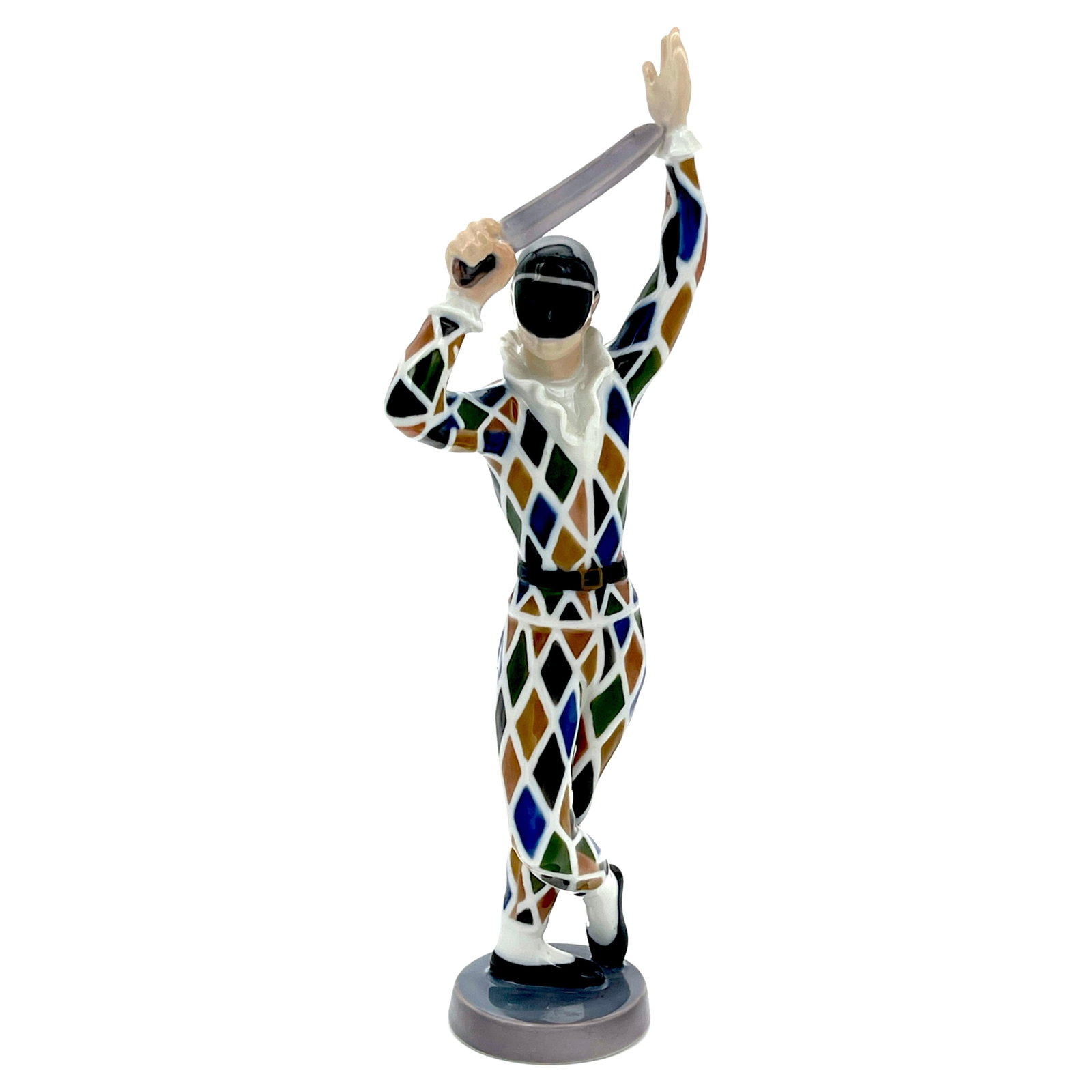 Bing & Grondahl Harlequin with Sword Figurine by Ebbe Sadolin: Bing & Grondahl Harlequin with Sword Figurine by Ebbe Sadolin Experience the charm of the Bing & Grondahl "Harlequin with Sword" porcelain figurine, designed by the talented Ebbe Sadolin. This exquisi