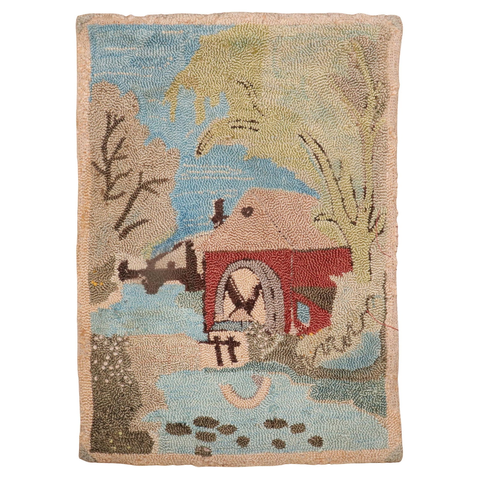 Vintage American Wool Hooked Pictorial Rug 14 x 19 Country Style: Vintage American Wool Hooked Pictorial Rug 14 x 19 Country Style This early 20th century American hooked pictorial rug showcases a charming country style, making it a delightful addition to any home d