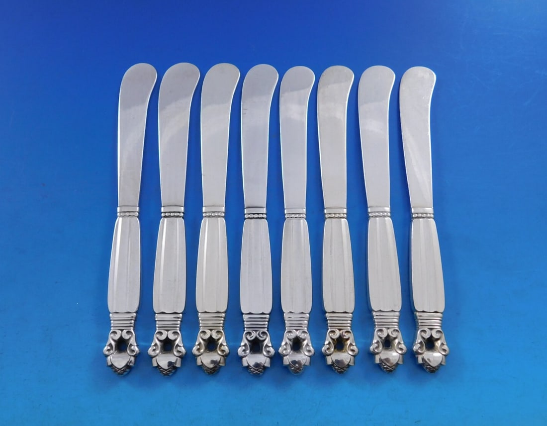 Georg Jensen Acorn Sterling Silver Butter Spreader Set 8 pcs 6 inch (1 of 5)