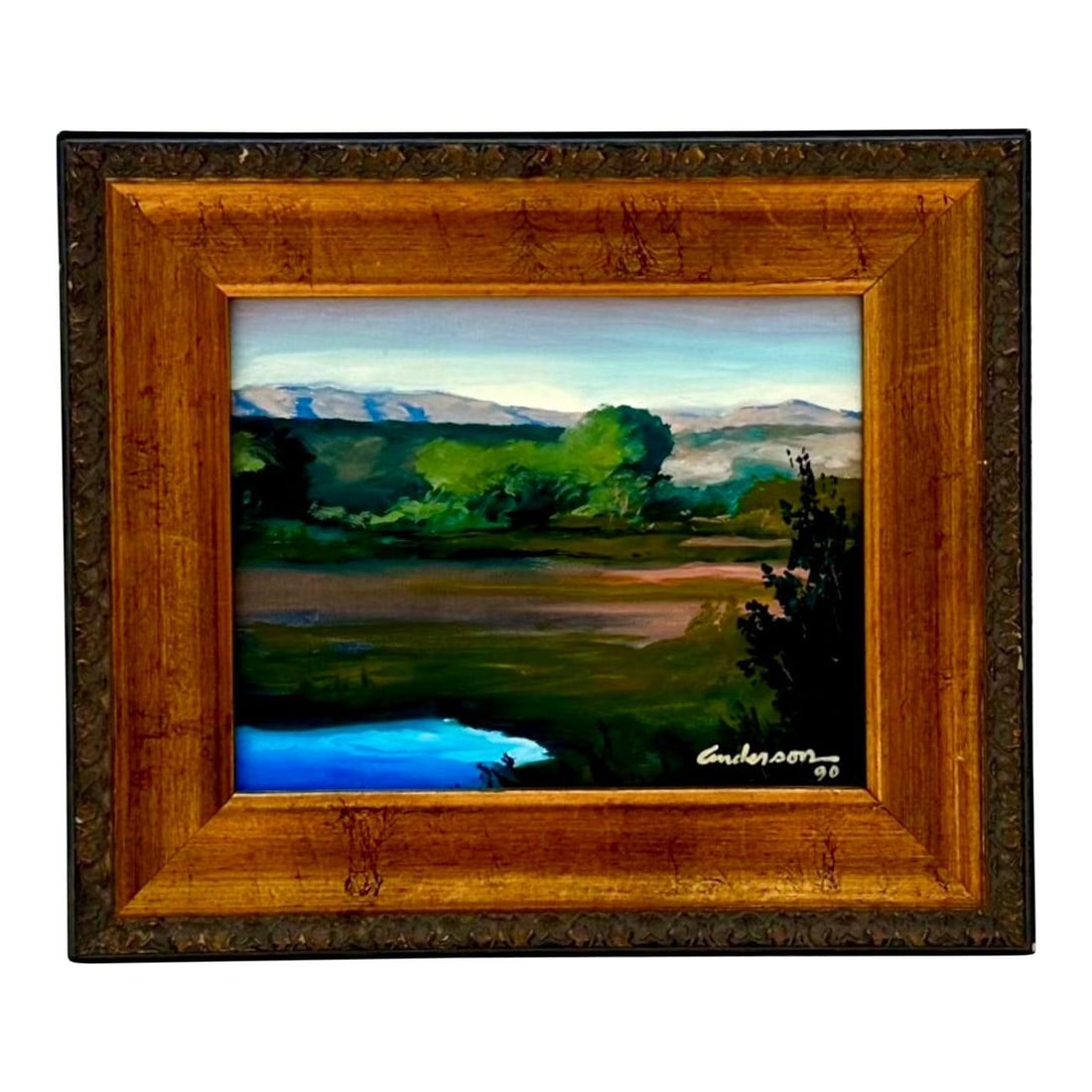 1990 Original Bohemian Landscape Oil Artwork on Canvas in Wooden Frame: 1990 Original Bohemian Landscape Oil Artwork on Canvas in Wooden Frame This vintage Boho landscape oil painting on canvas, created in 1990, features a serene countryside scene rendered in rich greens,