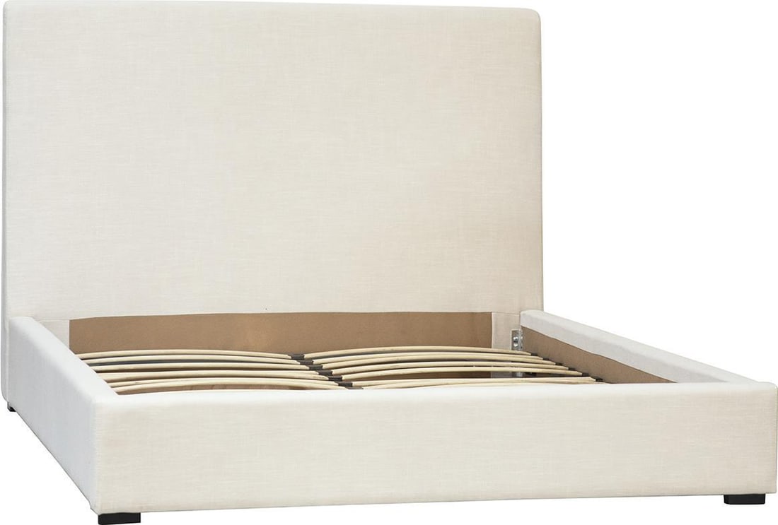 Elegant Off-White Fabio Queen Bed Birch Frame Linen Upholstery: Elegant Off-White Fabio Queen Bed Birch Frame Linen Upholstery Elevate your bedroom decor with the Traditional Off-White Fabio Queen Bed, designed in an elegant Regency style. This bed features a stur