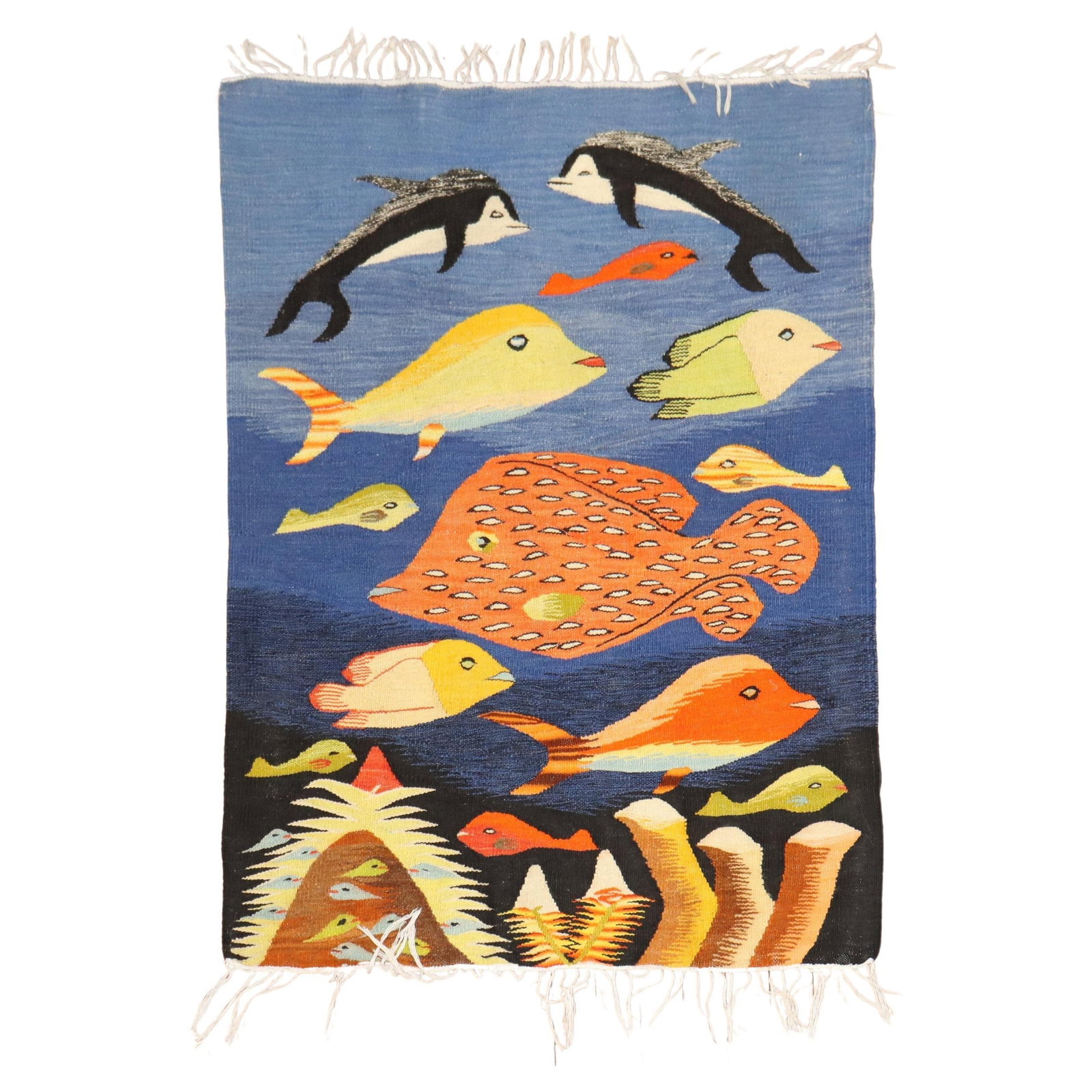 Zabihi Collection Hand-Knotted Fish Motif Kilim Rug 34 x 44 in Peru: Zabihi Collection Hand-Knotted Fish Motif Kilim Rug 34 x 44 in Peru This exquisite Zabihi Collection Fish Motif European Kilim features a vibrant design showcasing a flurry of fishes, making it a stri