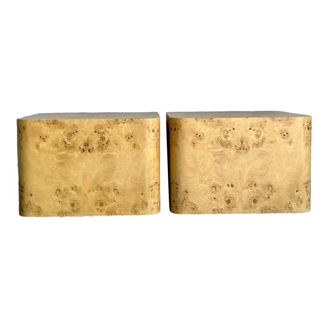 Pair of Intrex Burl Wood Waterfall Side Tables Vintage Postmodern Design: Pair of Intrex Burl Wood Waterfall Side Tables Vintage Postmodern Design This pair of vintage burl wood side tables by Intrex showcases a seamless waterfall design with olive ash burl veneer,