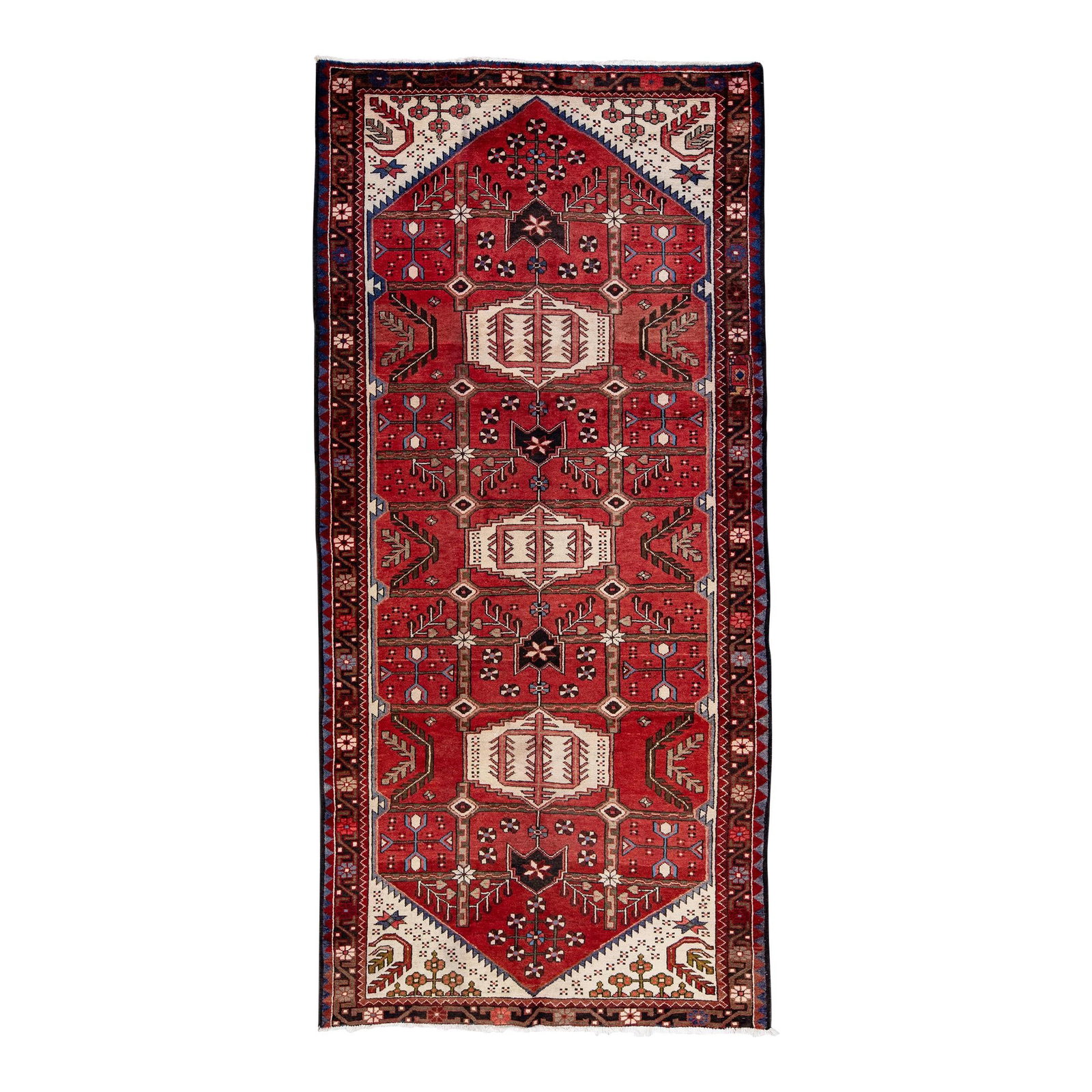 Vintage Handmade Persian Geometric Wool Runner Rug 4'7" x 9'10" Red: Vintage Handmade Persian Geometric Wool Runner Rug 4'7" x 9'10" Red This exquisite Vintage Persian runner rug features a stunning hand-knotted design on a vibrant red field. The rug showcases a captiv