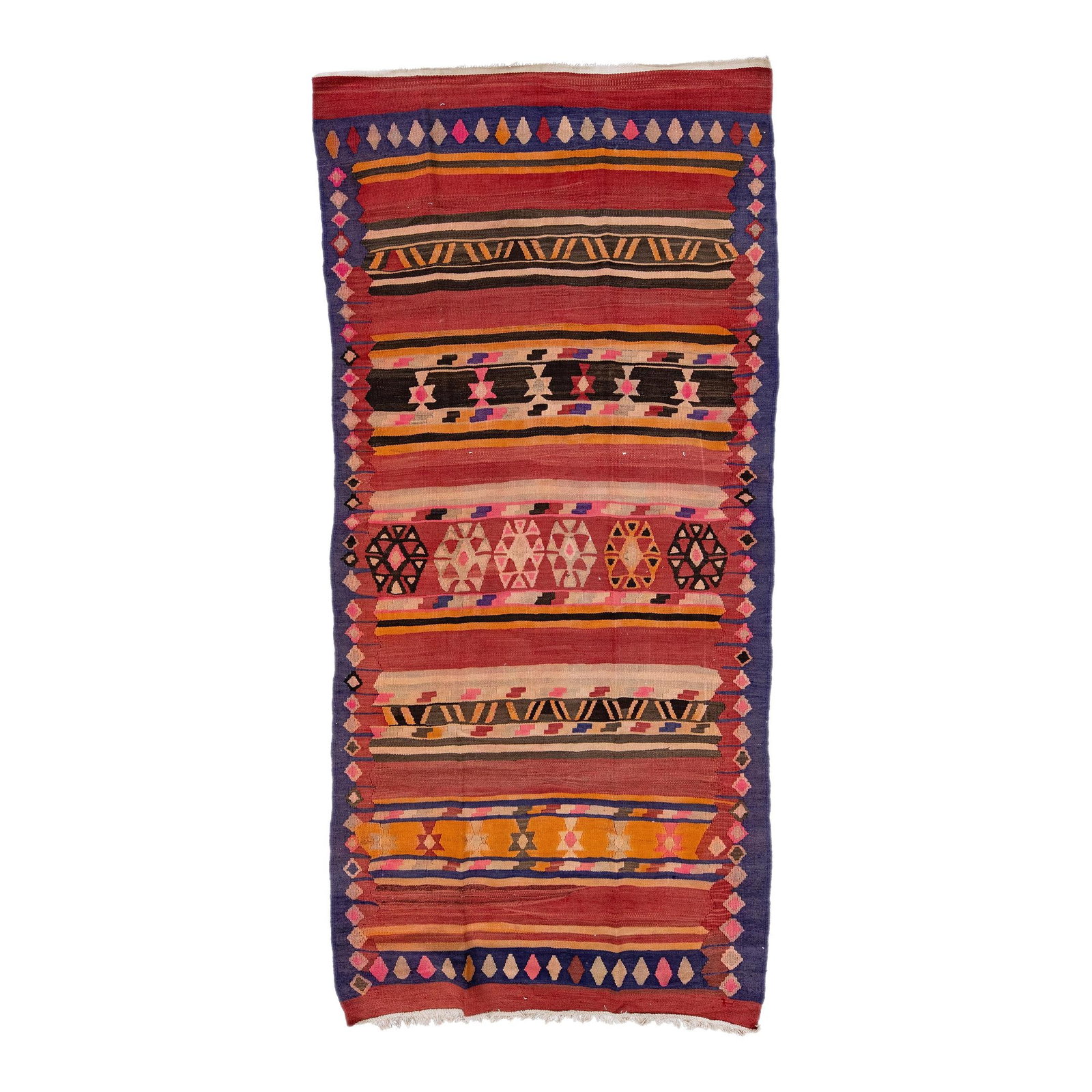 1960s Turkish Kilim Multicolor Wool Rug Handmade Tribal Design: 1960s Turkish Kilim Multicolor Wool Rug Handmade Tribal Design This stunning vintage Turkish Kilim rug features a vibrant brick red field, framed by a striking purple border and adorned with multicolo