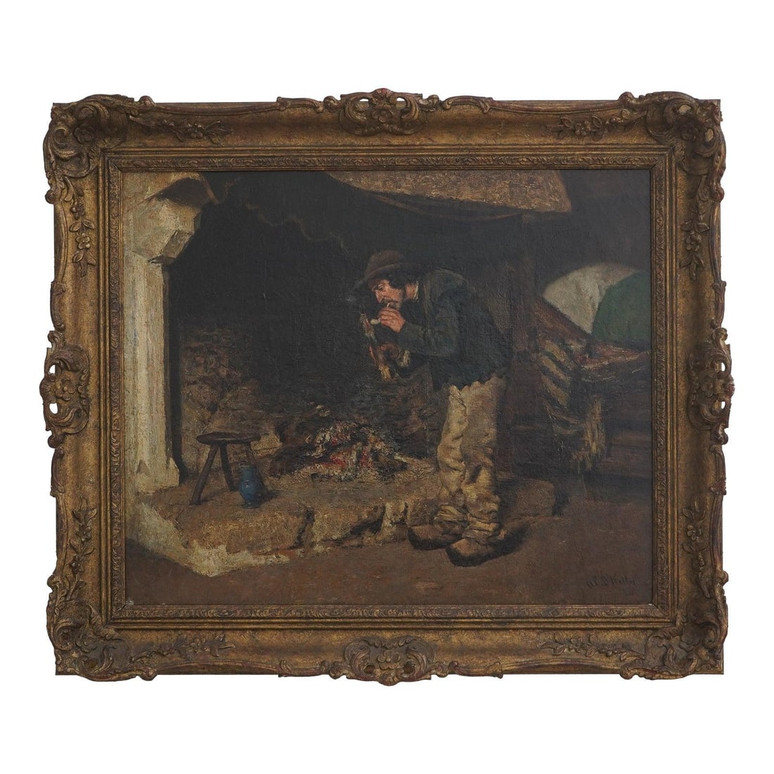 Signed Aloysius O'Kelly fireplace portrait oil painting framed 27w x 23h: Signed Aloysius O'Kelly fireplace portrait oil painting framed 27w x 23h This vintage oil on canvas painting by Aloysius O'Kelly features a man seated by a fireplace. Created by the Irish artist renow