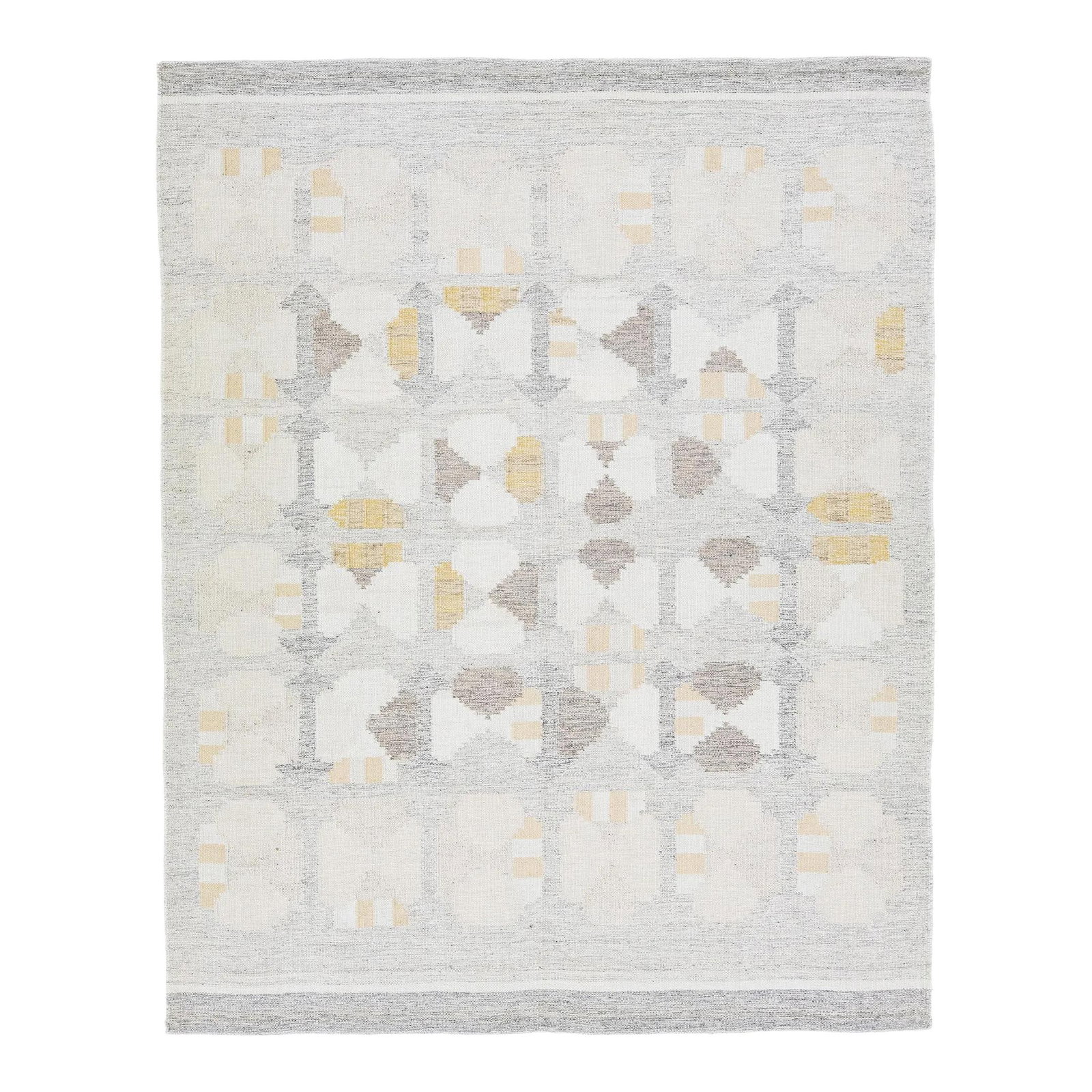 Contemporary Gray Geometric Wool Rug 9' x 12' Swedish Design: Contemporary Gray Geometric Wool Rug 9' x 12' Swedish Design Enhance your living space with this stunning Gray Modern Geometric Swedish Style Wool Rug. Featuring a contemporary flatweave design, this 