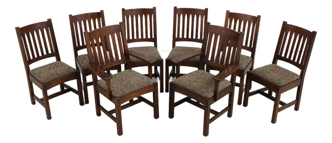 Arts and Crafts Style Oak Dining Chairs Set of 8 Mission Design: Arts and Crafts Style Oak Dining Chairs Set of 8 Mission Design This set of eight Stickley Mission oak dining room chairs features high-quality construction in the Arts & Crafts style. The chairs are 