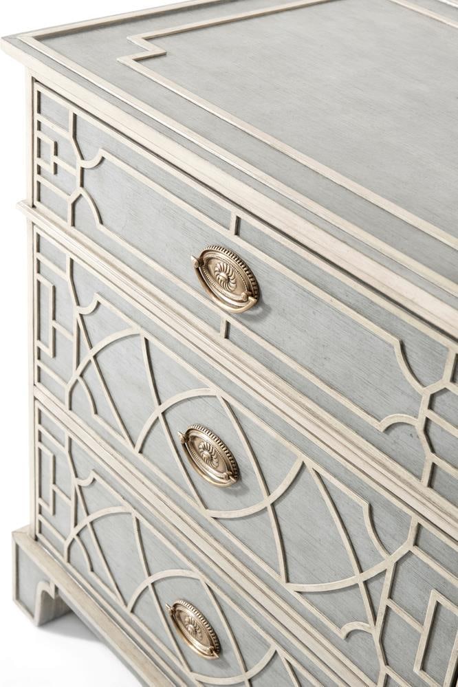 Stockton Rectangle Nightstand with Gray Limestone and Fretwork Detail: Stockton Rectangle Nightstand with Gray Limestone and Fretwork Detail This un-used Stockton Fretwork nightstand features a gray limestone top and a rectangular silhouette. Crafted from beech with bras