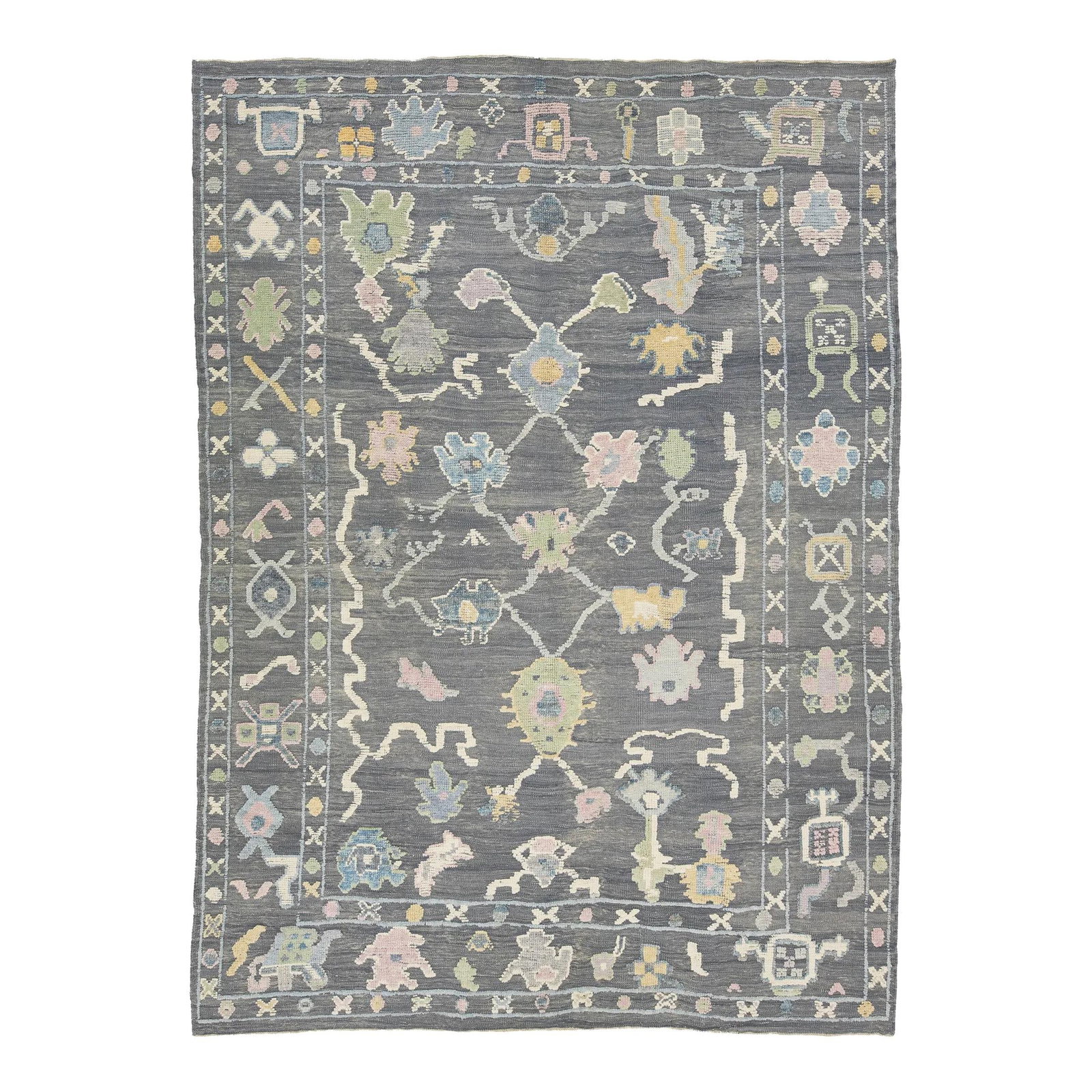 Elegant Gray Wool Turkish Oushak Rug with Floral Pattern 9'3 x 12'9: Elegant Gray Wool Turkish Oushak Rug with Floral Pattern 9'3 x 12'9 Elevate your space with this exquisite hand-knotted Turkish Oushak rug, featuring a stunning gray base adorned with a captivating mu
