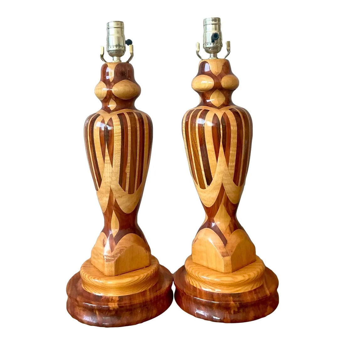 Pair of Vintage Marquetry Turned Wood Table Lamps with Striped Pattern: Pair of Vintage Marquetry Turned Wood Table Lamps with Striped Pattern This pair of vintage table lamps showcases expert craftsmanship with a marquetry technique, featuring alternating strips of light