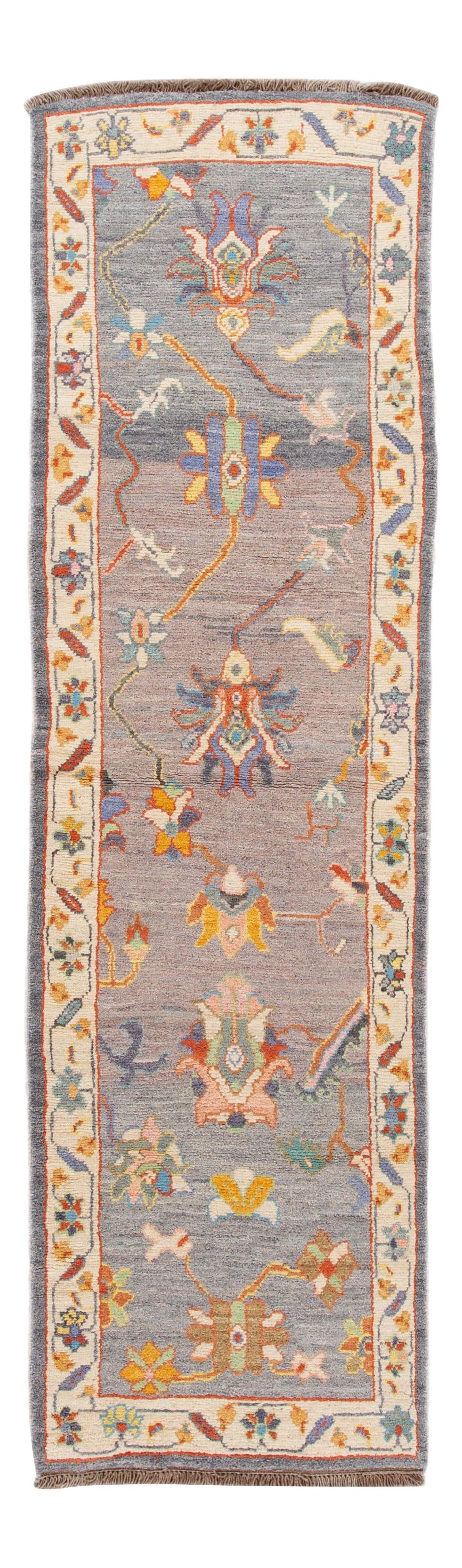 Gray Modern Oushak Handmade Wool Runner 3'1 x 11'3 Turkish Rug: Gray Modern Oushak Handmade Wool Runner 3'1 x 11'3 Turkish Rug Enhance your space with this elegant Gray Modern Oushak Handmade Wool Runner. This stunning Turkish rug features a rich gray field adorne