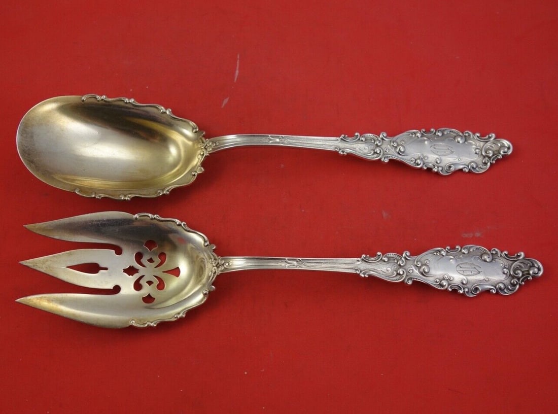 Gorham Luxembourg Sterling Silver Salad Serving Set Gold Wash 10 1/4" Monogrammed (1 of 2)