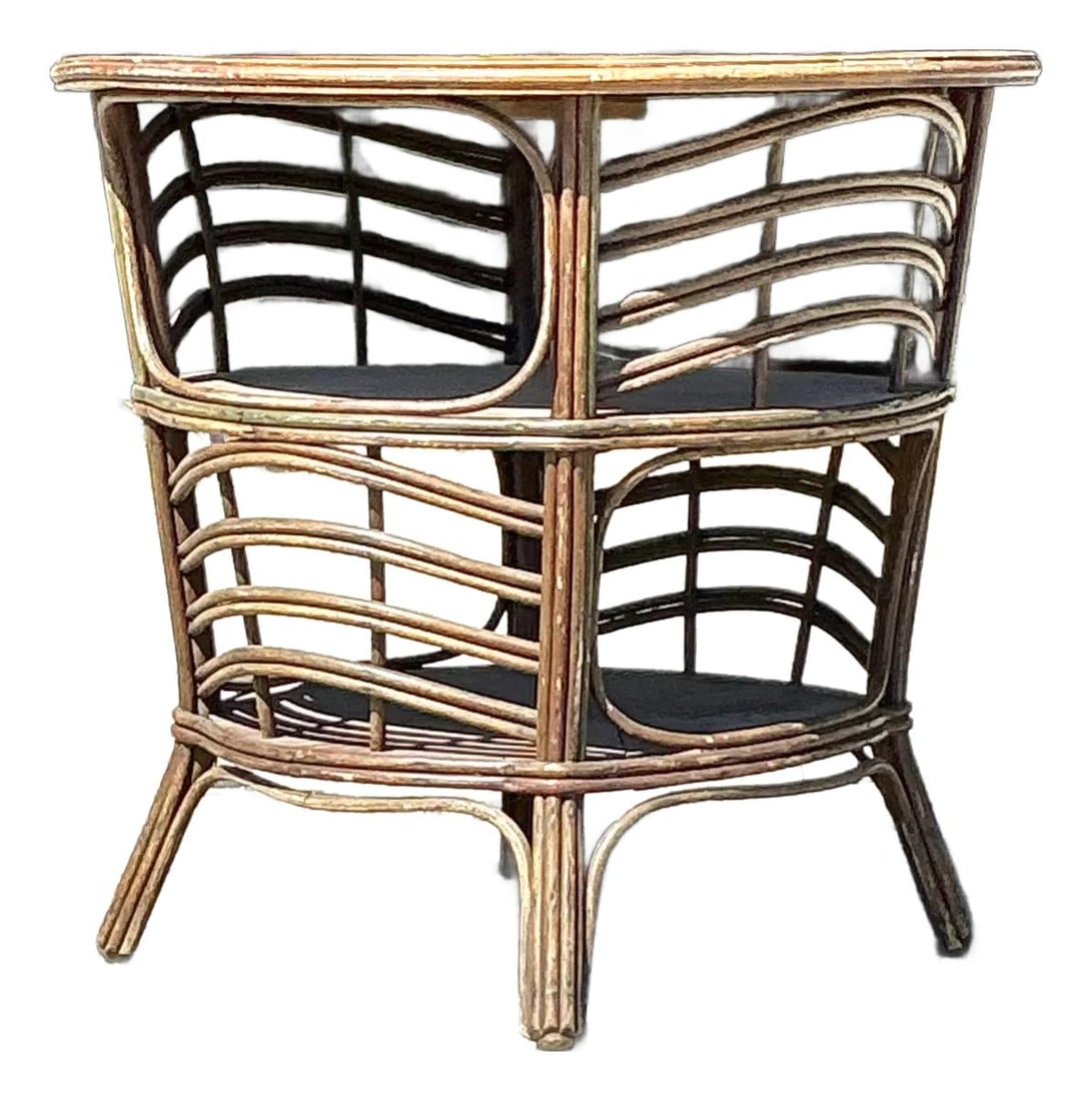 Vintage Coastal Rattan Side Table with Wooden Top: Vintage Coastal Rattan Side Table with Wooden Top Enhance your home decor with this Vintage Coastal Bent Rattan Side Table, a perfect blend of natural elegance and functionality. This beautifully craf