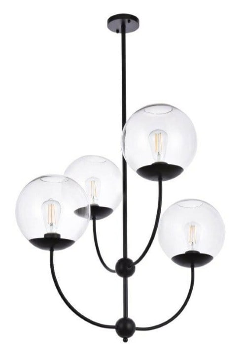 Living District Lennon 4-Light Black Pendant Chandelier: Living District Lennon 4-Light Black Pendant Chandelier This mid-century modern chandelier features a sleek black iron frame with four round clear glass shades. The height is adjustable, allowing for 