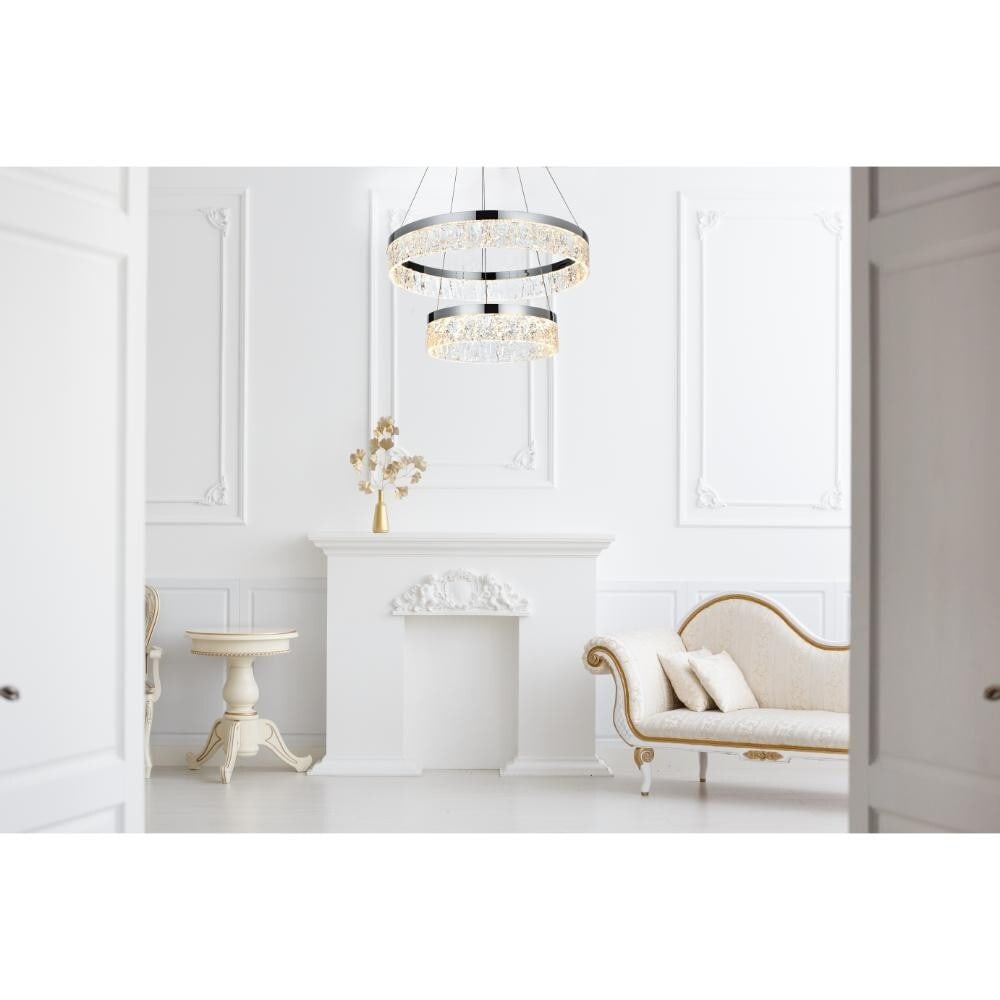 Linden Chrome LED Chandelier 22 Inch Adjustable Height: Linden Chrome LED Chandelier 22 Inch Adjustable Height Elevate your space with this modern chandelier, designed for foyers, dining rooms, living rooms, and more. Featuring a sleek chrome-plated finish