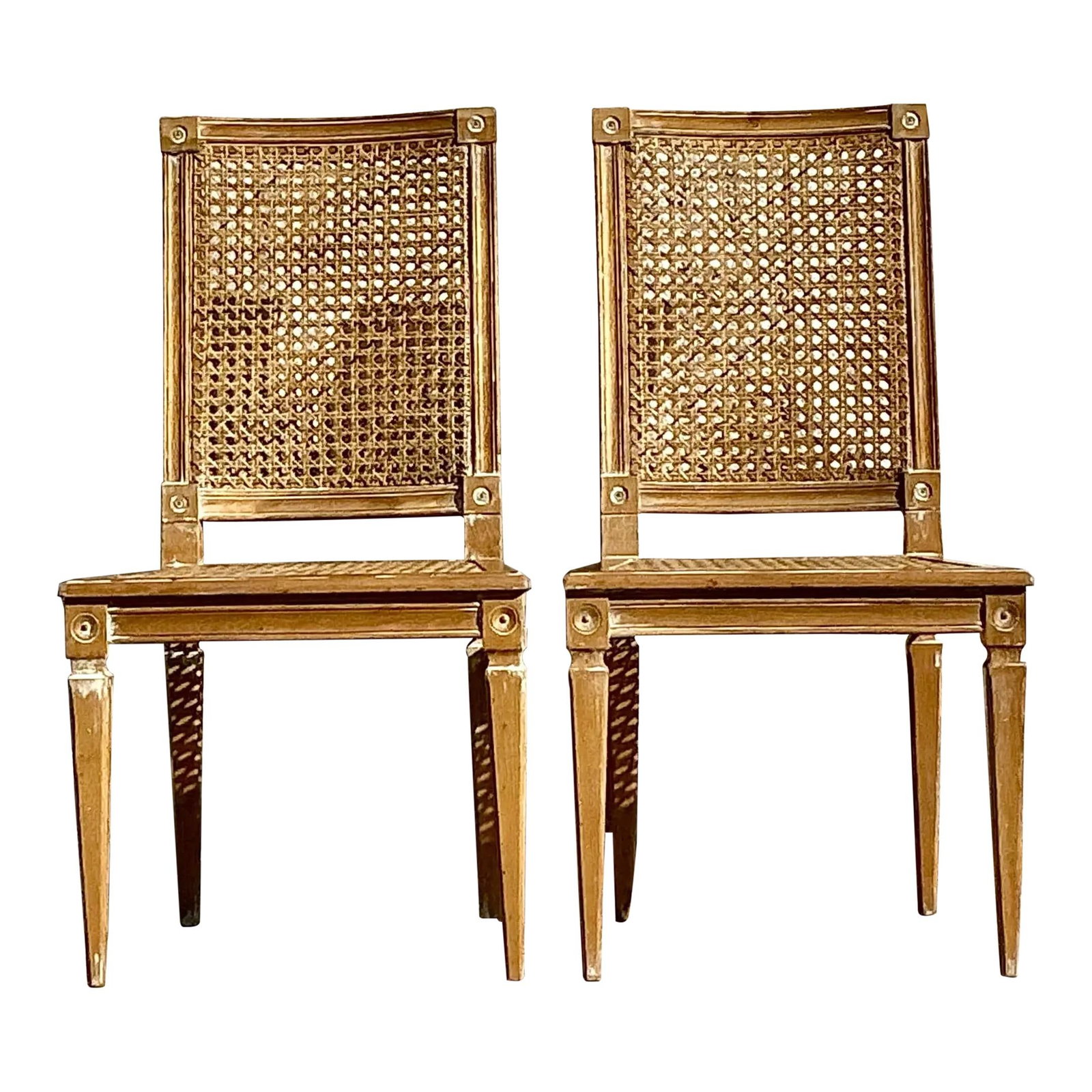 Elegant Vintage Italian Regency Cane Wood Side Chairs Pair: Elegant Vintage Italian Regency Cane Wood Side Chairs Pair Enhance your living space with this exquisite pair of vintage Italian Regency side chairs. The elegant design features a harmonious blend of 