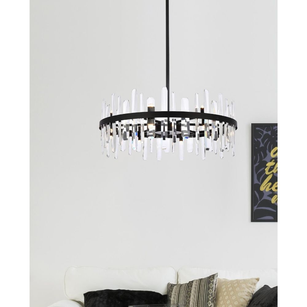 Serena 16-Light Black Crystal Chandelier 32 Inch: Serena 16-Light Black Crystal Chandelier 32 Inch This modern black chandelier features 16 lights and high-quality crystal accents, making it an elegant centerpiece for spaces such as dining rooms, liv