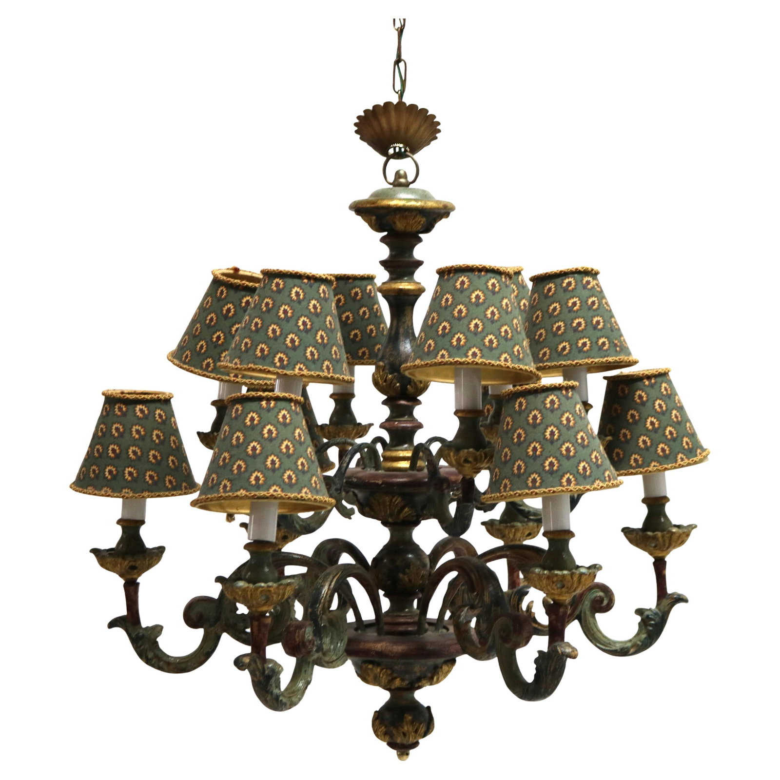Antique Italian Style 12-Light Polychromed Wood Chandelier C1930: Antique Italian Style 12-Light Polychromed Wood Chandelier C1930 This exquisite antique chandelier showcases a stunning Italian style with its polychromed wood craftsmanship, reminiscent of the early 