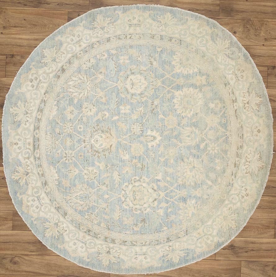 Round 6x6 Hand-Knotted Wool Oushak Rug Floral Pattern Modern Transitional: Round 6x6 Hand-Knotted Wool Oushak Rug Floral Pattern Modern Transitional This handmade round Oushak Oriental rug features a classic floral pattern in muted tones of blue, cream, and brown. Expertly h