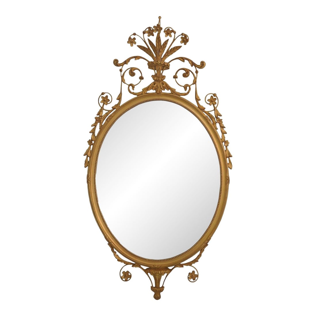 Adams Style Oval Mirror With Gold Finish and Beveled Glass: Adams Style Oval Mirror With Gold Finish and Beveled Glass This crowned oval mirror features a gold gilt finish in the Adams style, showcasing delicate scrolling wire work and a traditional English de