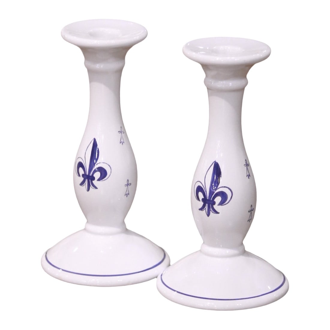 Set of Two French Faience Fleur de Lys Candlesticks Handcrafted Circa 1980 (1 of 12)