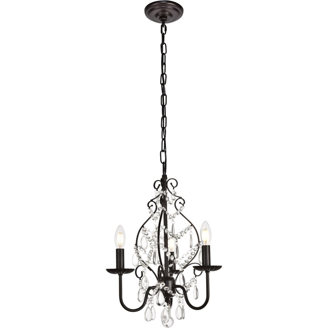 Living District Blaise 3-Light Oil Rubbed Bronze Pendant: Living District Blaise 3-Light Oil Rubbed Bronze Pendant This pre-owned chandelier features a classic farmhouse design with an oil rubbed bronze finish and a round frame adorned with royal cut clear c