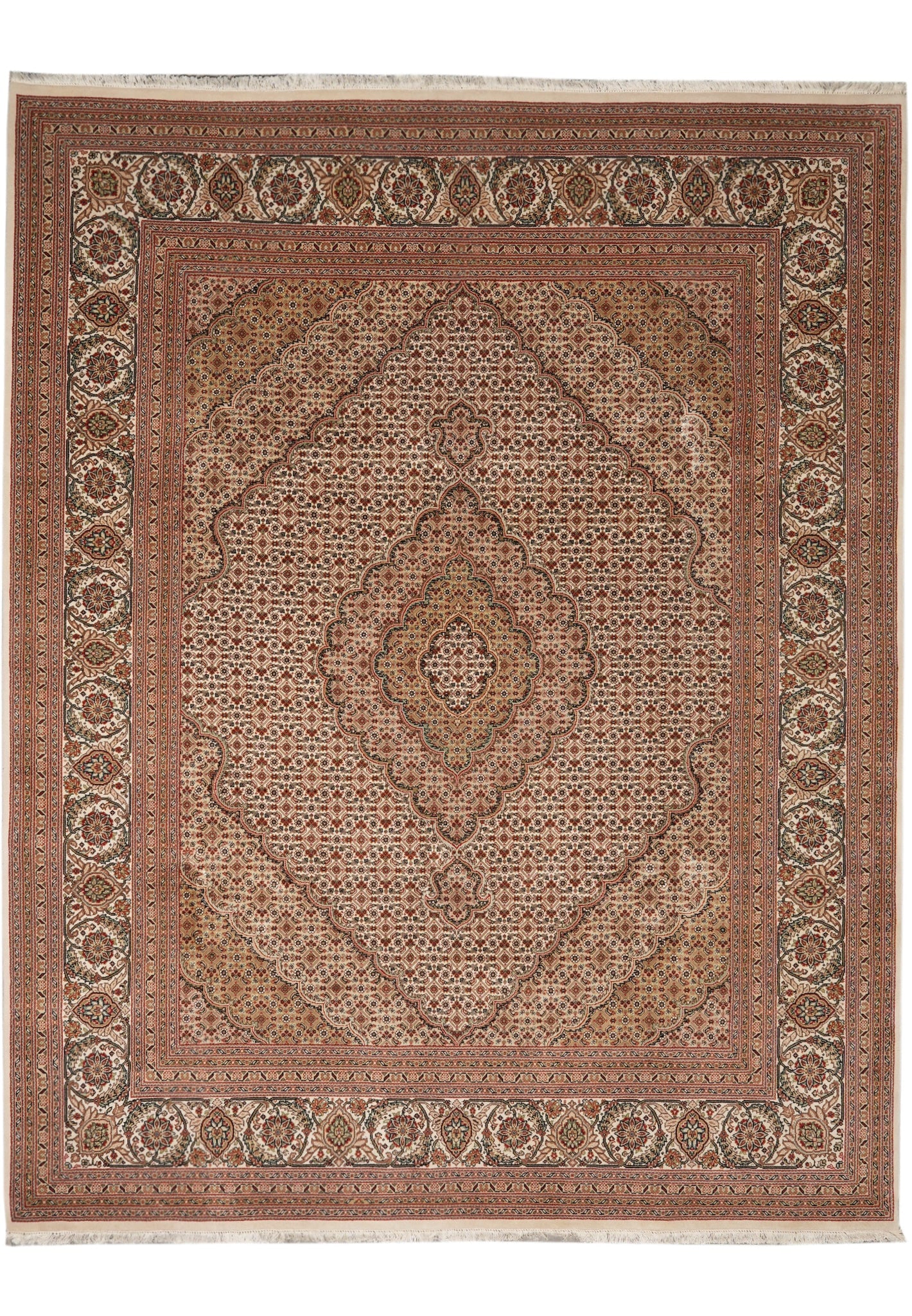 8.4 x 10 Handmade Tabriz Mahi Wool Silk Rug Earthy Beige Ruby Burgundy: 8.4 x 10 Handmade Tabriz Mahi Wool Silk Rug Earthy Beige Ruby Burgundy Free continental US Shipping This handmade Tabriz Mahi rug is expertly crafted from a high-quality blend of wool and silk, offeri
