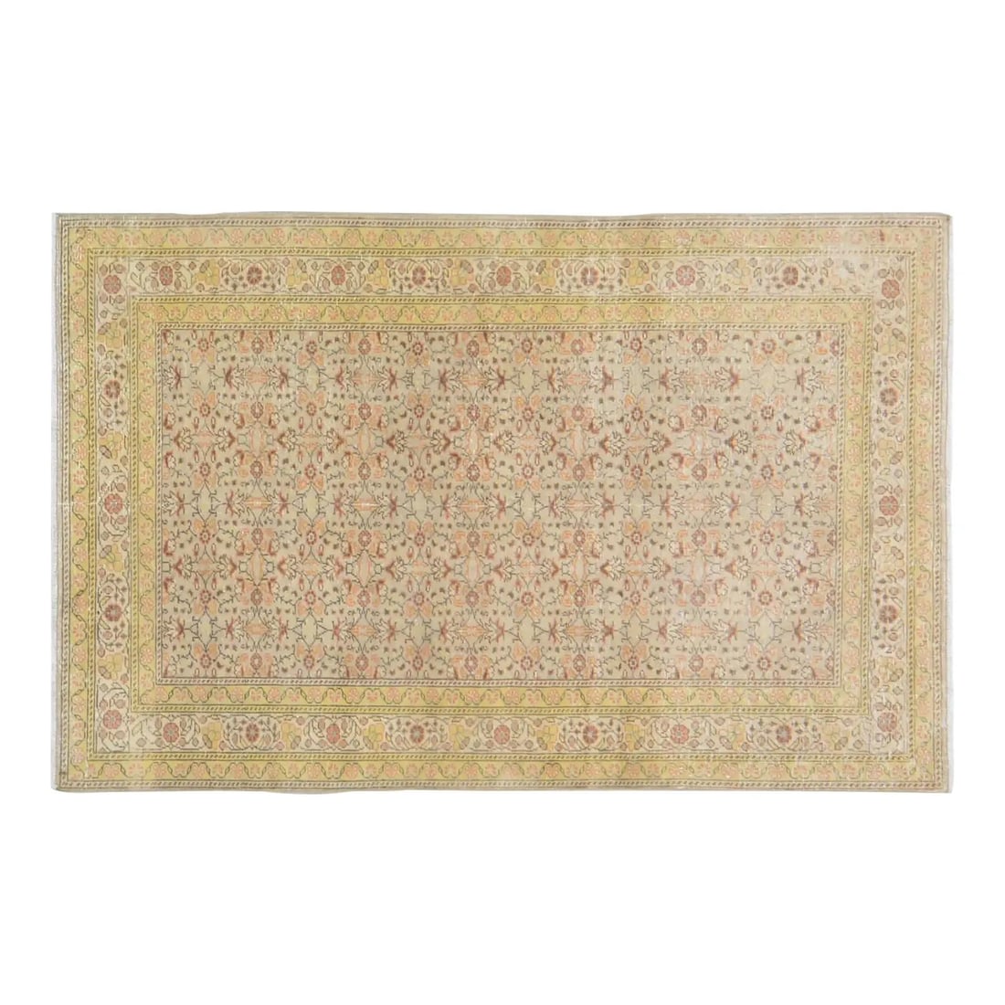 Anatolian Oushak Wool Rug Hand Knotted Vintage Turkish 3'9" x 5'10": Anatolian Oushak Wool Rug Hand Knotted Vintage Turkish 3'9" x 5'10" This vintage Turkish Anatolian Oushak rug from the 1960s is hand knotted from wool and features natural colors with a soft texture a