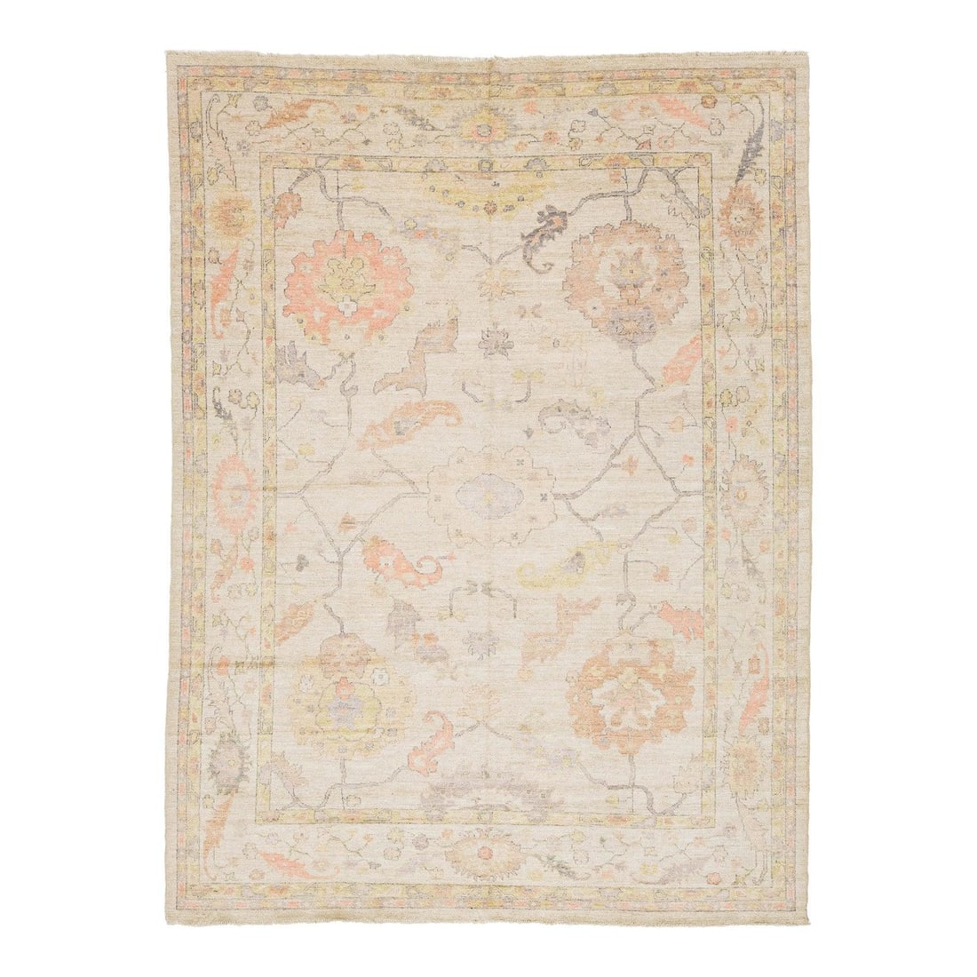 8'8" x 11'8" Hand-Knotted Wool Area Rug With Pastel Floral Motifs: 8'8" x 11'8" Hand-Knotted Wool Area Rug With Pastel Floral Motifs This Modern Oushak Style hand-knotted wool rug blends classic Turkish motifs with a contemporary aesthetic. Crafted from premium wool,
