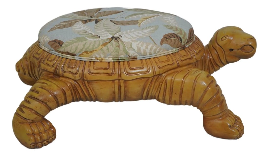 Custom Heavy Wood Turtle Ottoman with Tropical Print Fabric: Custom Heavy Wood Turtle Ottoman with Tropical Print Fabric This exquisite Custom Heavy Wood Turtle Ottoman Footstool features fine carved details and high-quality construction, making it a beautiful 