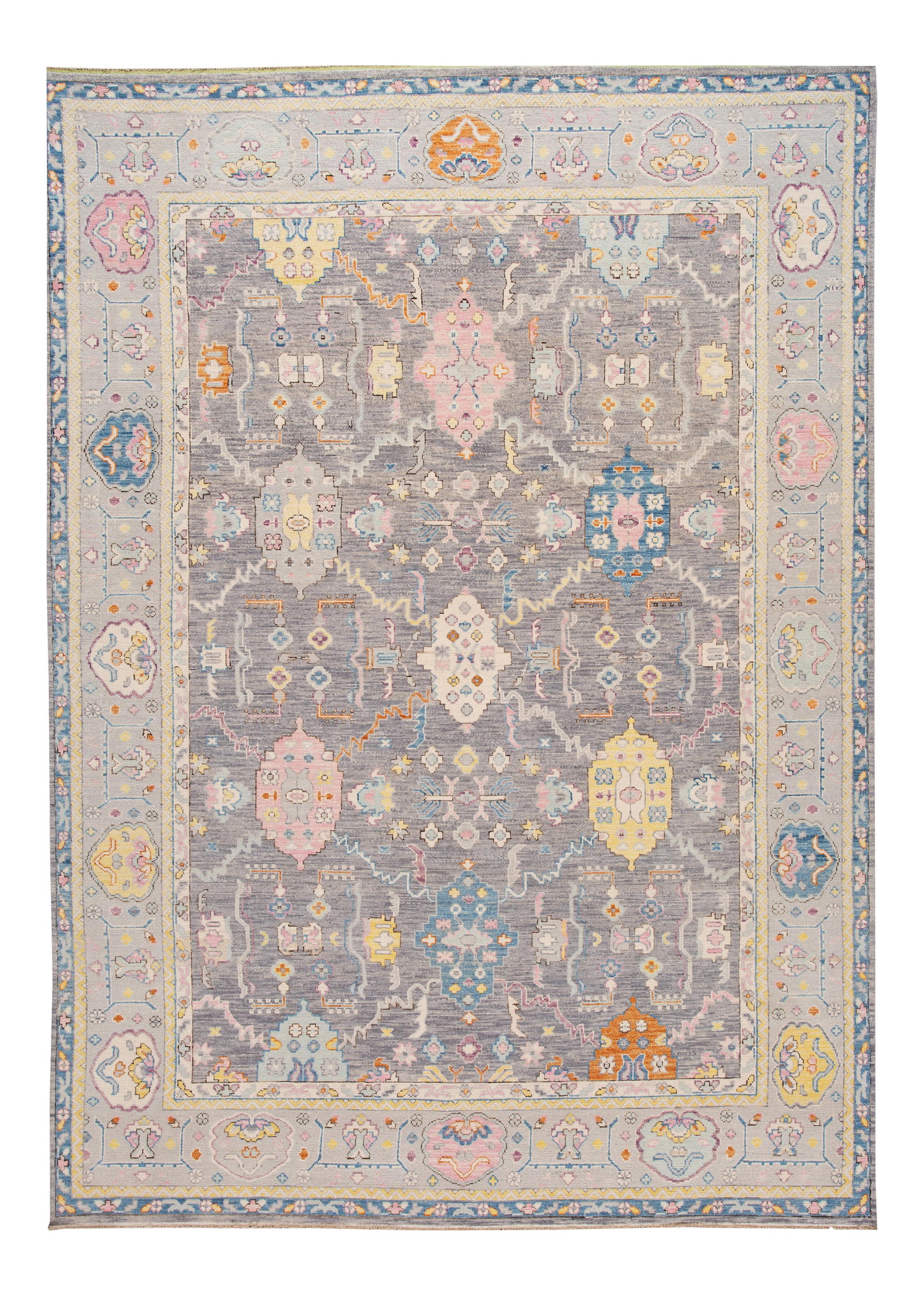 Contemporary Hand-Knotted Oushak Wool Rug 10'3 x 14'5 Gray: Contemporary Hand-Knotted Oushak Wool Rug 10'3 x 14'5 Gray Enhance your space with this stunning contemporary Oushak style wool rug. Hand-knotted with a soft gray field and vibrant multicolor accents,