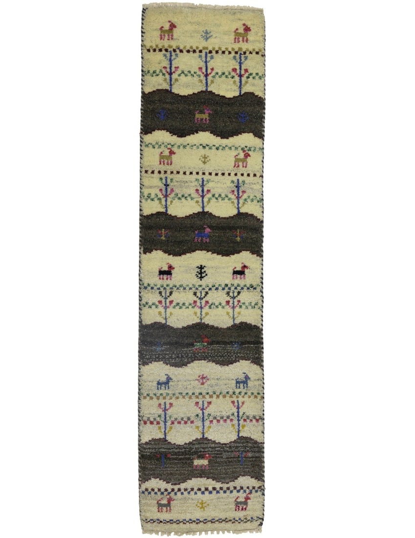Handmade 1'4 x 5'9 ft Tribal Indo-Gabbeh Runner Rug Cream Wool: Handmade 1'4 x 5'9 ft Tribal Indo-Gabbeh Runner Rug Cream Wool Enhance your space with this exquisite Handmade Indo-Gabbeh Runner Rug, measuring 1'4" x 5'9". This beautiful rug showcases a cream color
