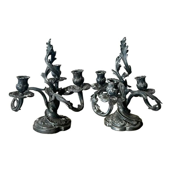 Pair of Three Arm Art Nouveau Style Metal Candelabras with Foliate Detailing: Pair of Three Arm Art Nouveau Style Metal Candelabras with Foliate Detailing This pair of vintage Art Nouveau-style candelabras features three elegantly curved arms on each piece, with intricate folia