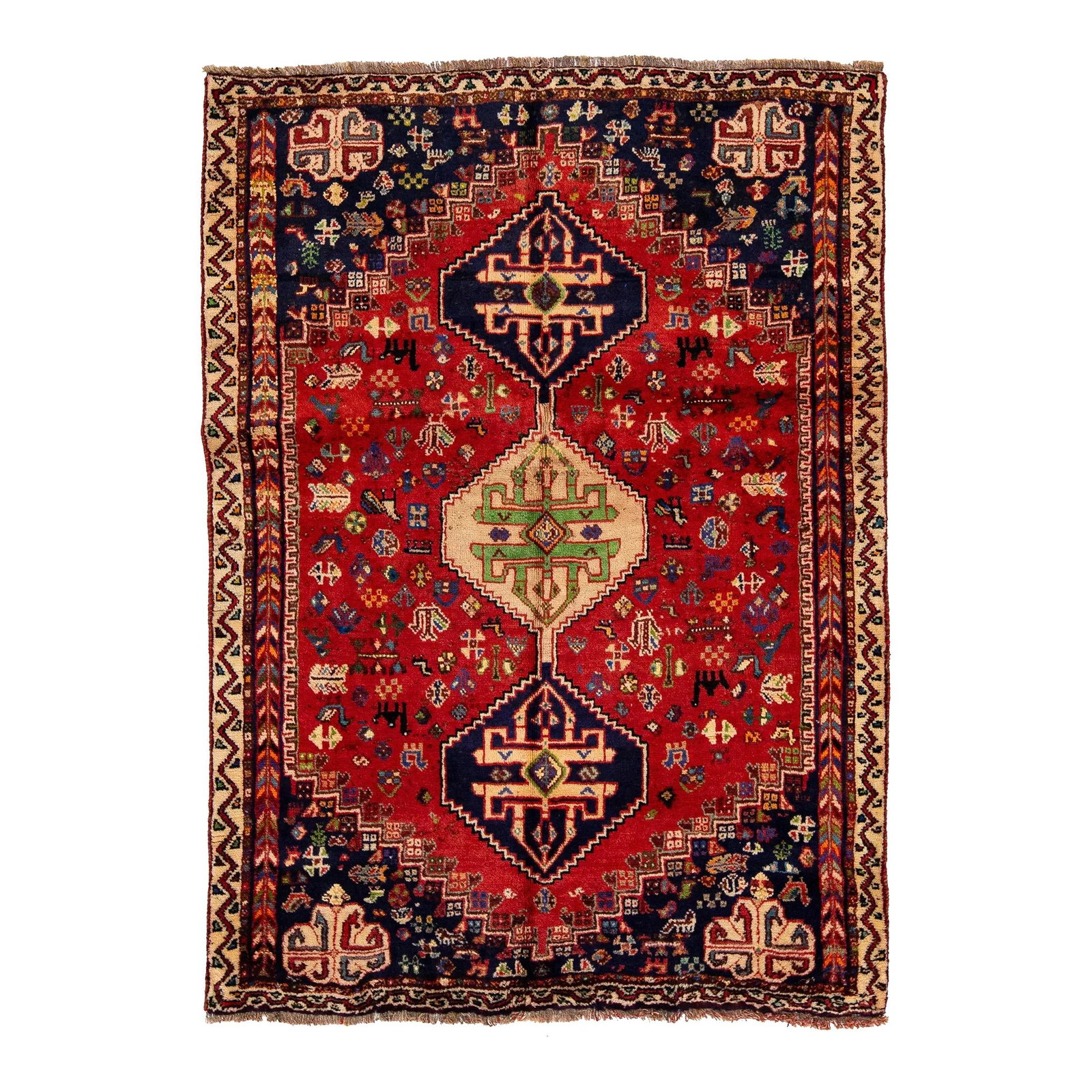 Handmade Red Wool Rug 3'8 x 5'2 Tribal Design Vintage: Handmade Red Wool Rug 3'8 x 5'2 Tribal Design Vintage Elevate your space with this exquisite handmade red vintage Shiraz wool rug, featuring a vibrant red field embellished with intricate navy blue an