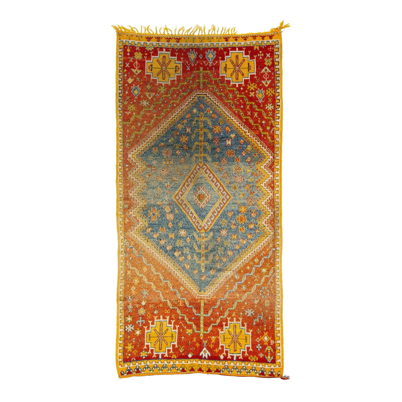 Antique Moroccan Handmade Orange Geometrical Wool Rug 4'7 x 9'4: Antique Moroccan Handmade Orange Geometrical Wool Rug 4'7 x 9'4 Enhance your living space with this exquisite Antique Moroccan Handmade Orange Wool Rug. Featuring a striking geometrical medallion moti