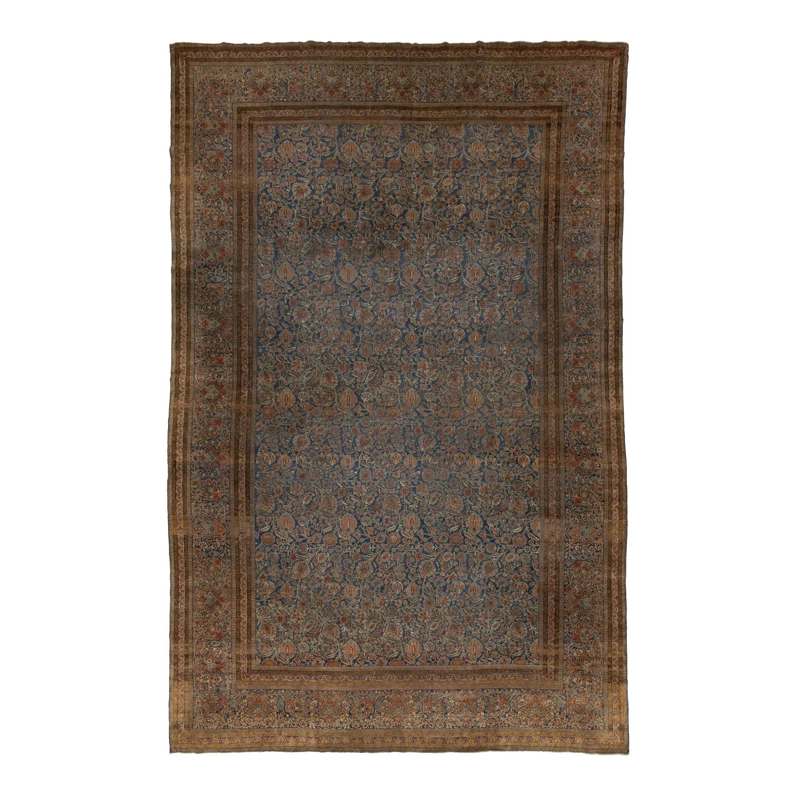 Oversized Blue Antique Kashan Wool Rug Handmade Floral Design 10'10" x 17': Oversized Blue Antique Kashan Wool Rug Handmade Floral Design 10'10" x 17' Experience the elegance of this oversized, hand-knotted antique Persian Kashan rug. Crafted from high-quality wool, it featur