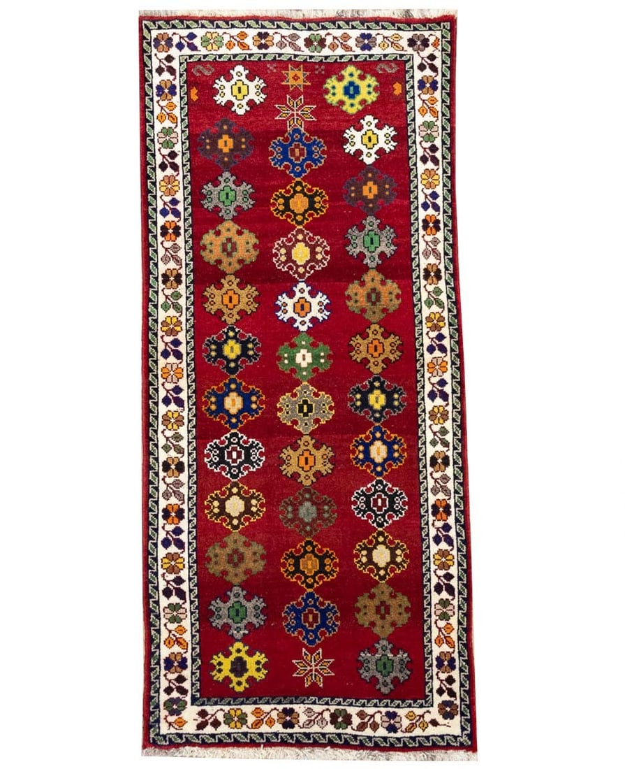 Wool Hand Knotted Floral Tribal Runner 2'7 x 5'11 Vintage: Wool Hand Knotted Floral Tribal Runner 2'7 x 5'11 Vintage This vintage hand-knotted runner rug features a striking floral tribal Oriental design in a palette of red, cream, green, blue, gold, brown, y