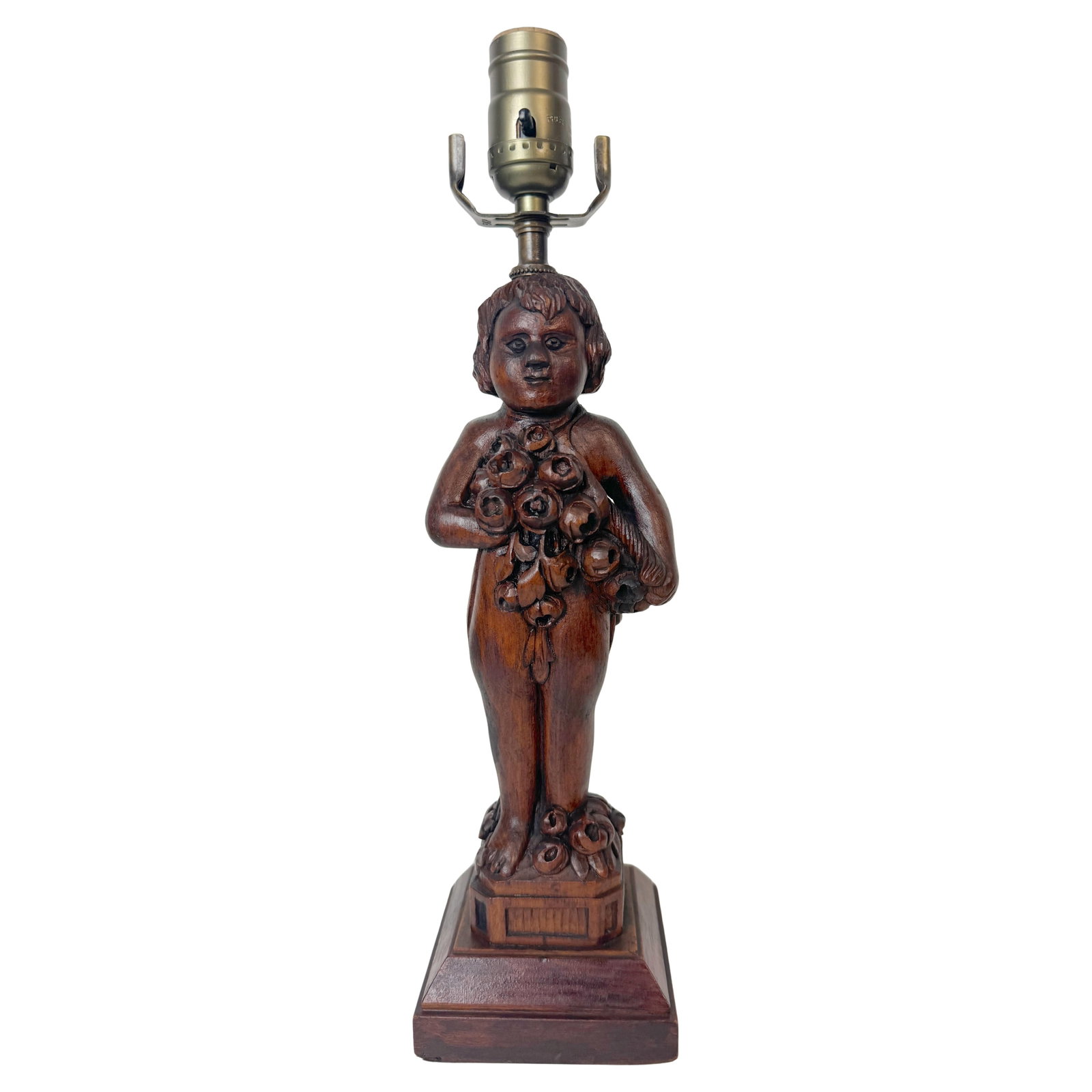Art Deco Black Forest Cherub Lamp Circa 1925 Hand-Carved Putti: Art Deco Black Forest Cherub Lamp Circa 1925 Hand-Carved Putti This stunning Black Forest Art Deco lamp, crafted circa 1925, showcases a meticulously hand-carved cherub (Putti) presenting a bouquet of