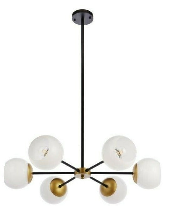 Briggs 6-Light Brass Black Pendant Chandelier White Glass Shades: Briggs 6-Light Brass Black Pendant Chandelier White Glass Shades This modern chandelier features six lights with white glass shades, combining brass and black finishes for a contemporary look. The fix