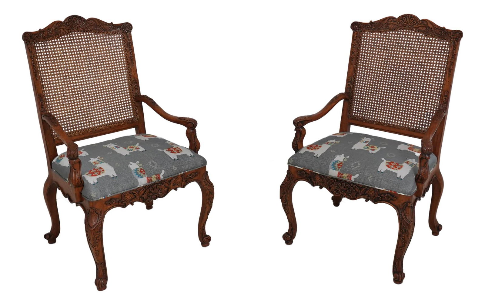 Elegant Pair of French Louis XV Style Cane Back Armchairs: Elegant Pair of French Louis XV Style Cane Back Armchairs This exquisite pair of French Louis XV style cane back open fauteuil armchairs showcases a timeless design with exceptional craftsmanship. Con