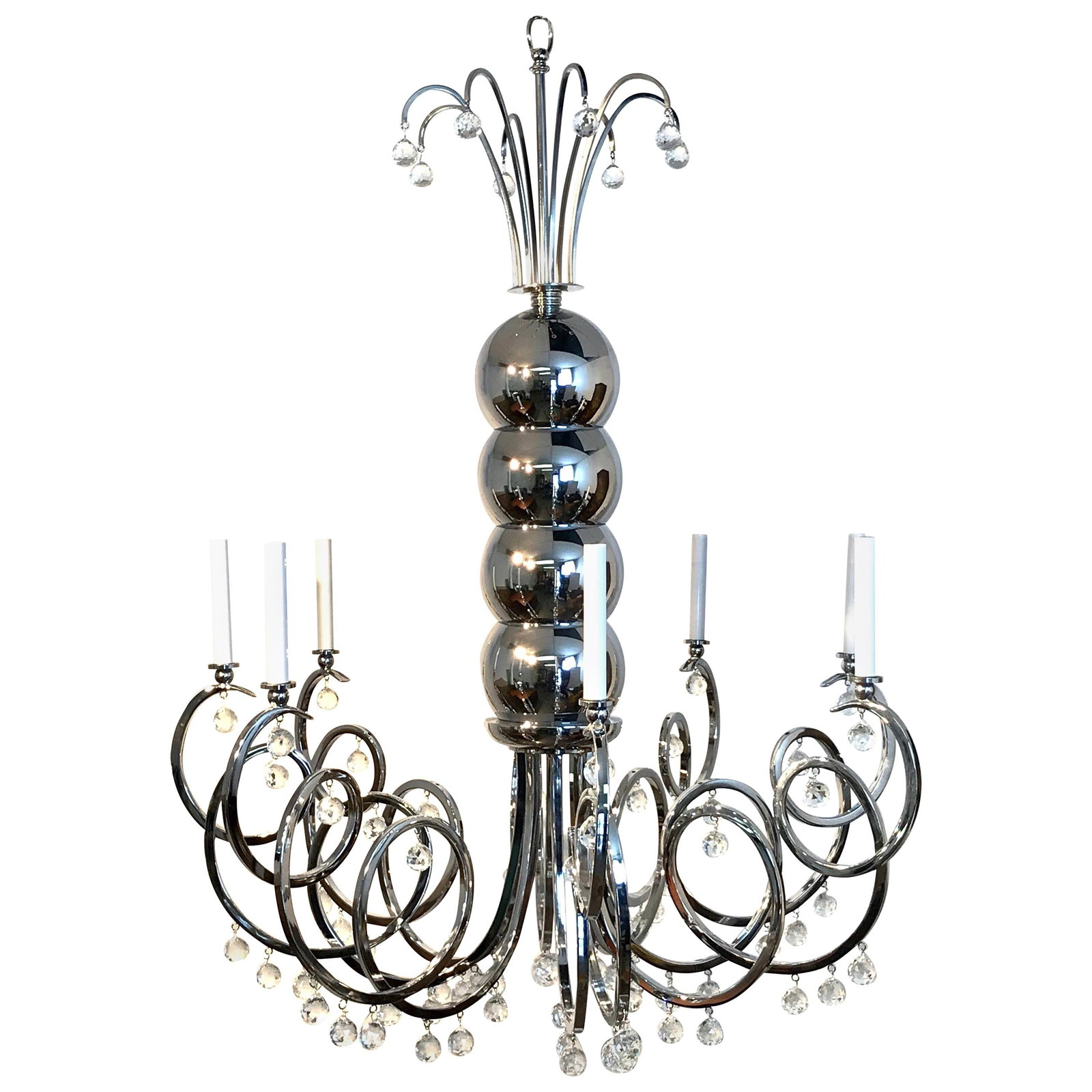 Midcentury Chrome Crystal Eight Light Chandelier 1980s: Midcentury Chrome Crystal Eight Light Chandelier 1980s Illuminate your space with this stunning Large Midcentury Chrome and Crystal Eight Light Chandelier. This exquisite piece features a distinctive 