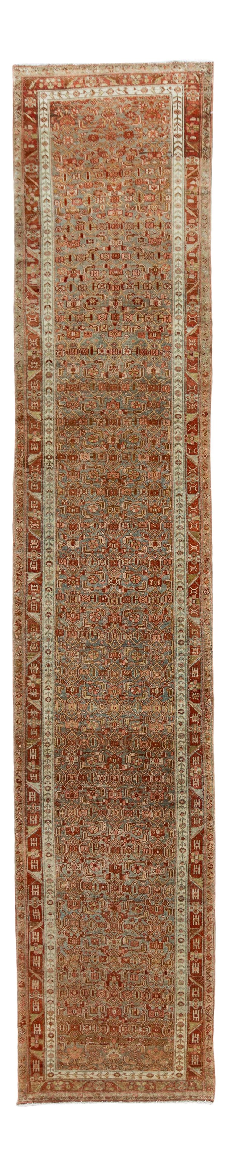 Antique Persian Malayer Wool Runner Rug Circa 1900 3'2 x 16'2: Antique Persian Malayer Wool Runner Rug Circa 1900 3'2 x 16'2 This exquisite antique Persian Malayer runner rug features a hand-knotted wool construction with a stunning light blue field adorned with 