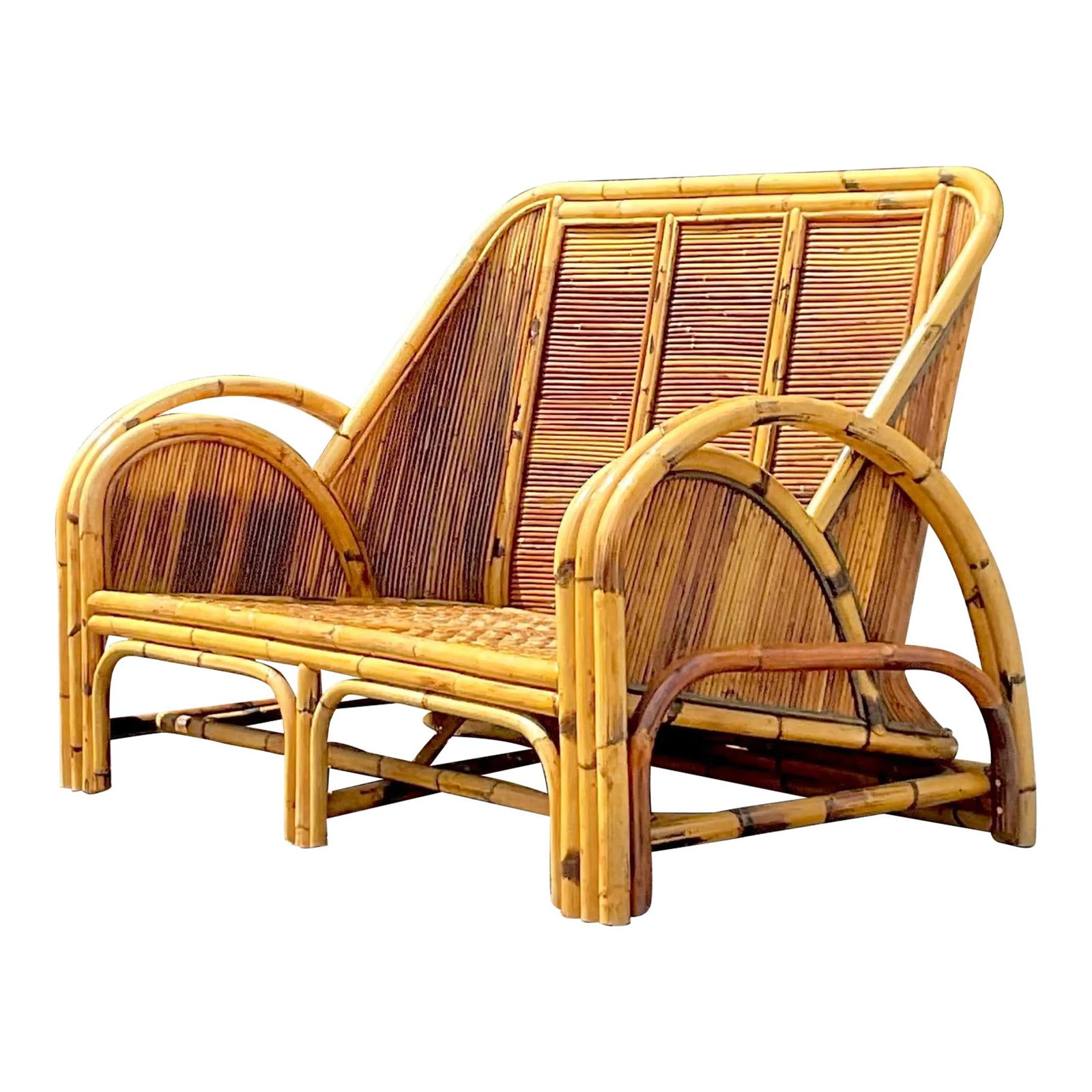 Vintage 1950s Coastal Loveseat in Chocolate Rattan Reed (1 of 7)