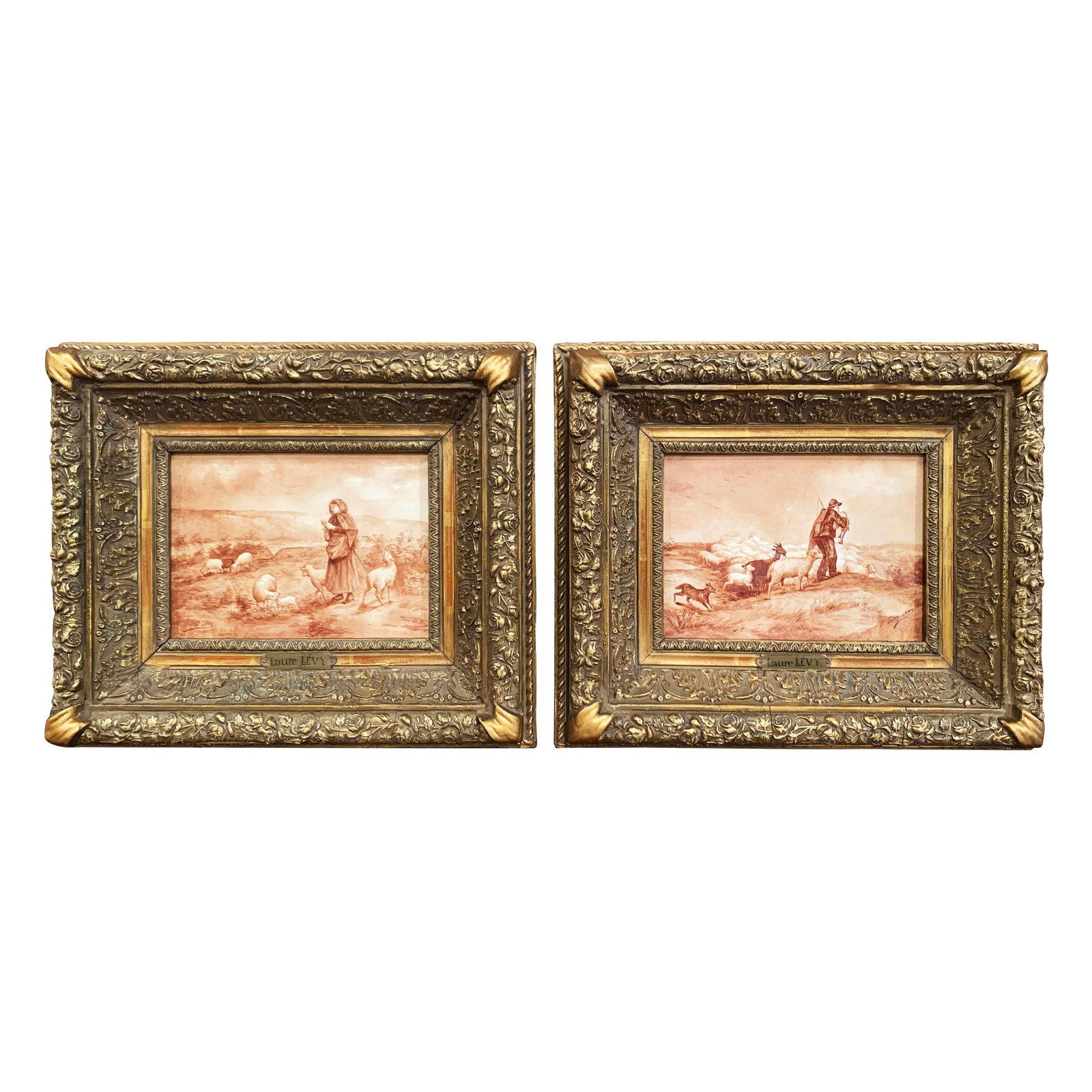 Set of 2 French Porcelain Plaques in Giltwood Frames Laure Levy (1 of 11)