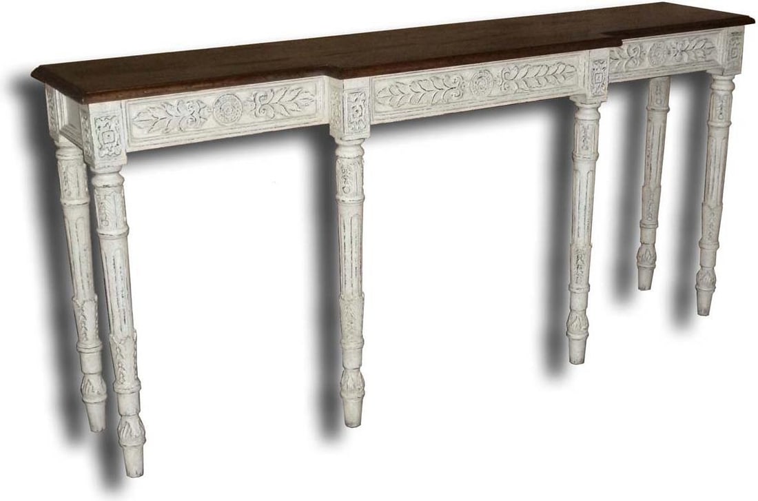 Italian Console Table with Rustic Pecan Top and White Finish: Italian Console Table with Rustic Pecan Top and White Finish This Italian Style Console Table features a stunning rustic pecan top, beautifully complemented by an antique white finish. Crafted with a 