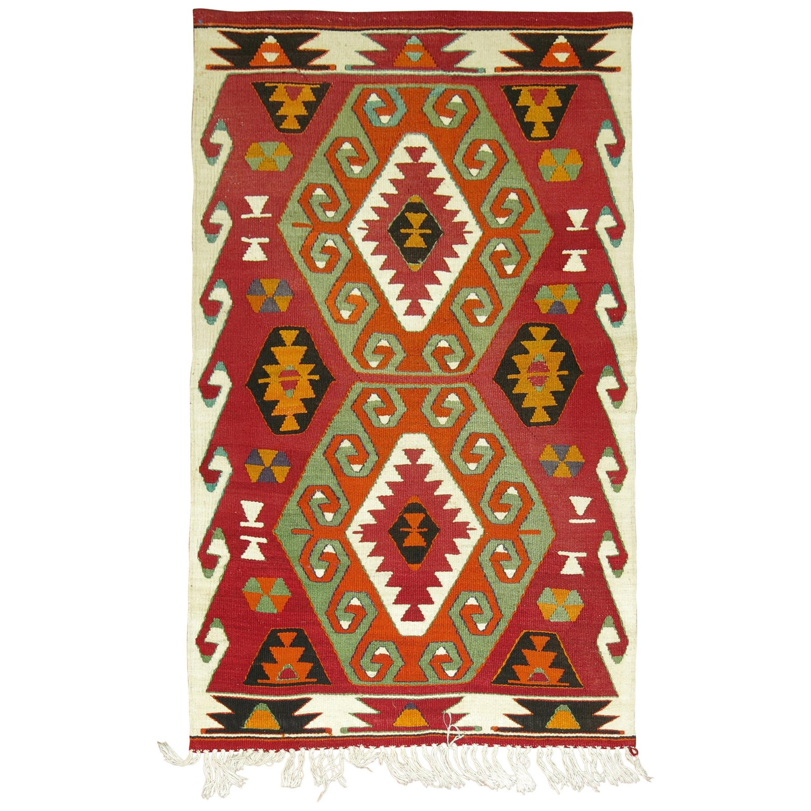 Bohemian Turkish Kilim Throw Rug 34 x 55 Hand-Knotted Wool Vintage 1940: Bohemian Turkish Kilim Throw Rug 34 x 55 Hand-Knotted Wool Vintage 1940 This exquisite Turkish Kilim showcases a beautiful Bohemian style, perfect for enhancing your home decor. Hand-knotted from high