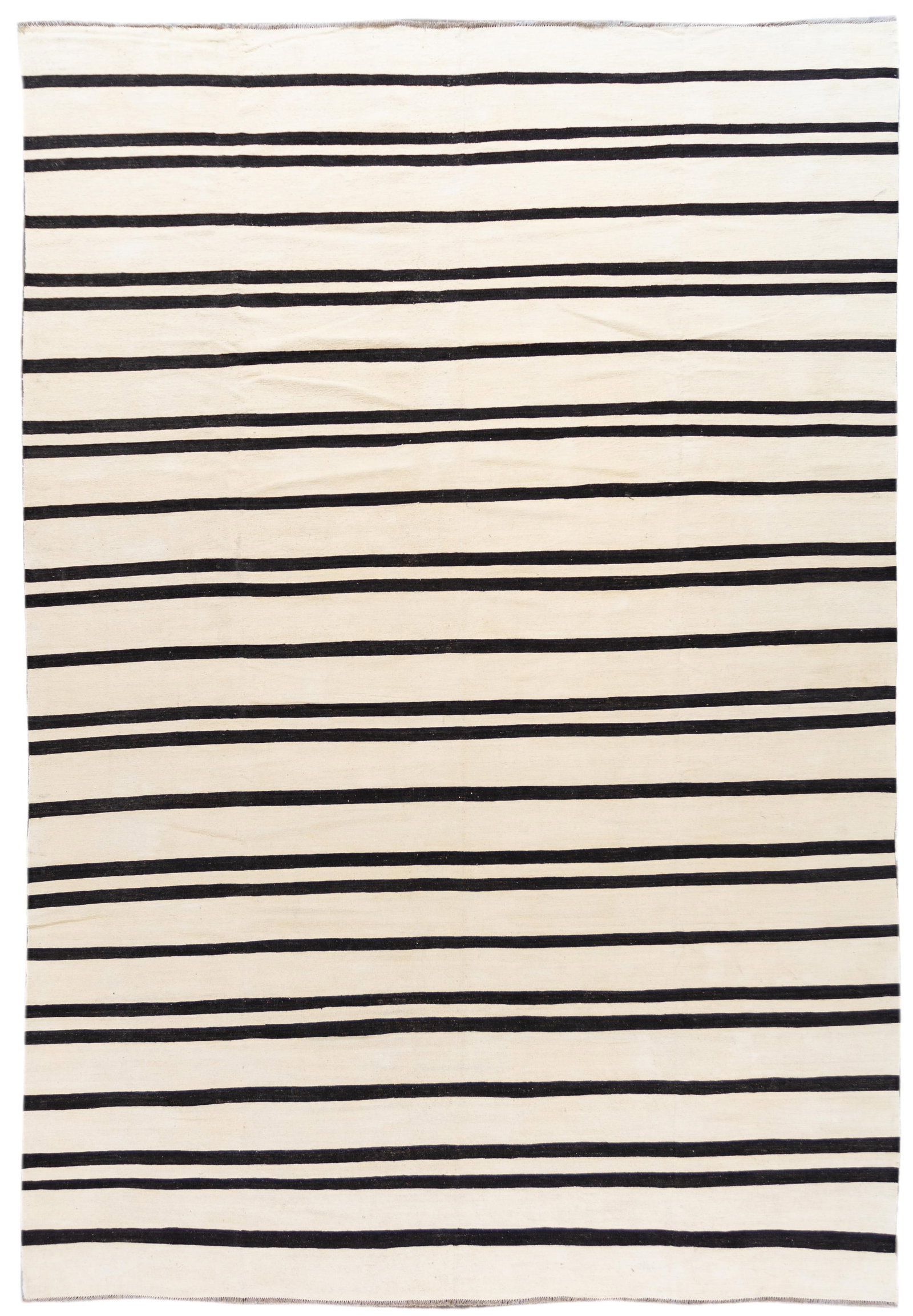 Contemporary Black and White Wool Kilim Rug 12'1 x 17'6: Contemporary Black and White Wool Kilim Rug 12'1 x 17'6 This stunning 21st Century Modern Flat-Weave Kilim Rug features a beautiful handwoven wool construction with a striking black and white striped 