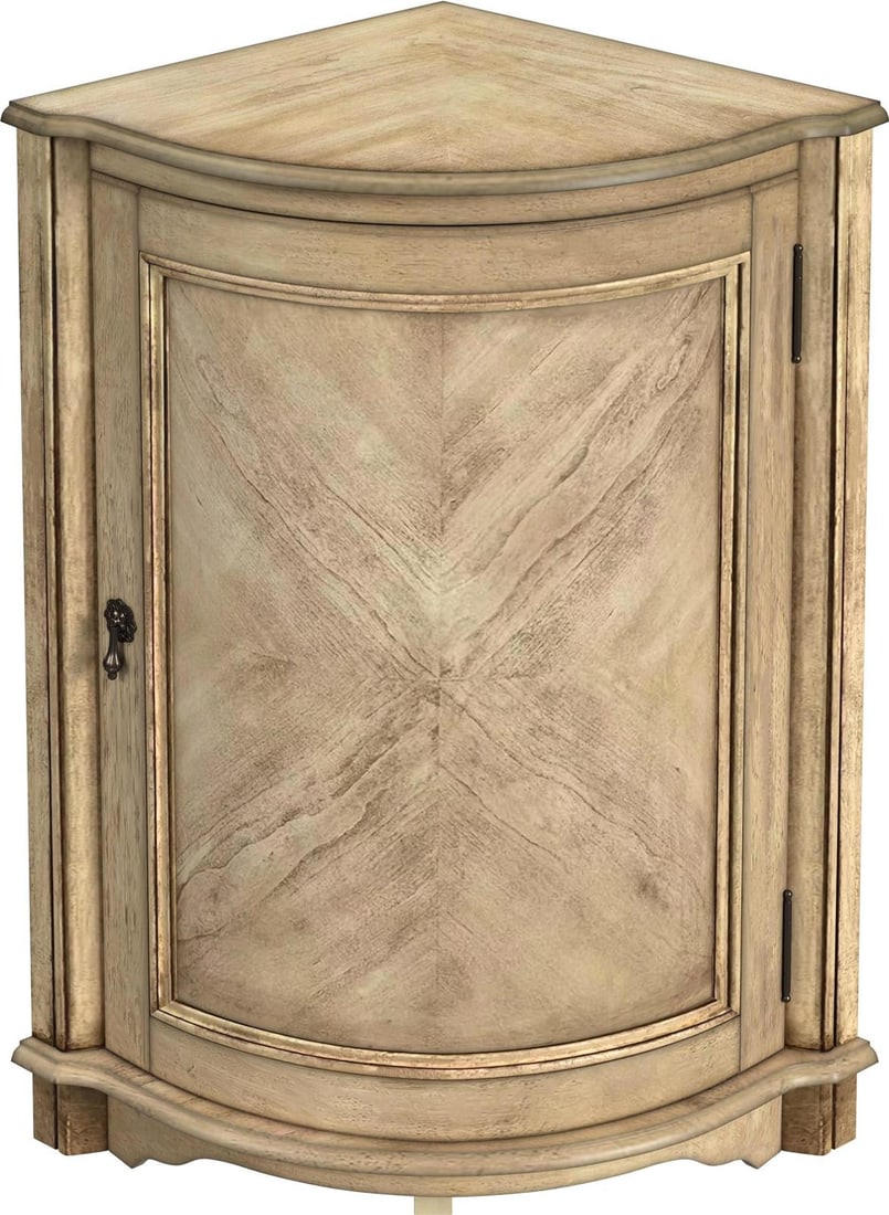Butler Durham Cherry and Beige Corner Cabinet Elegant Design: Butler Durham Cherry and Beige Corner Cabinet Elegant Design Introducing an elegant corner cabinet, beautifully crafted in a vintage style with a contemporary touch. This exquisite piece features a wa