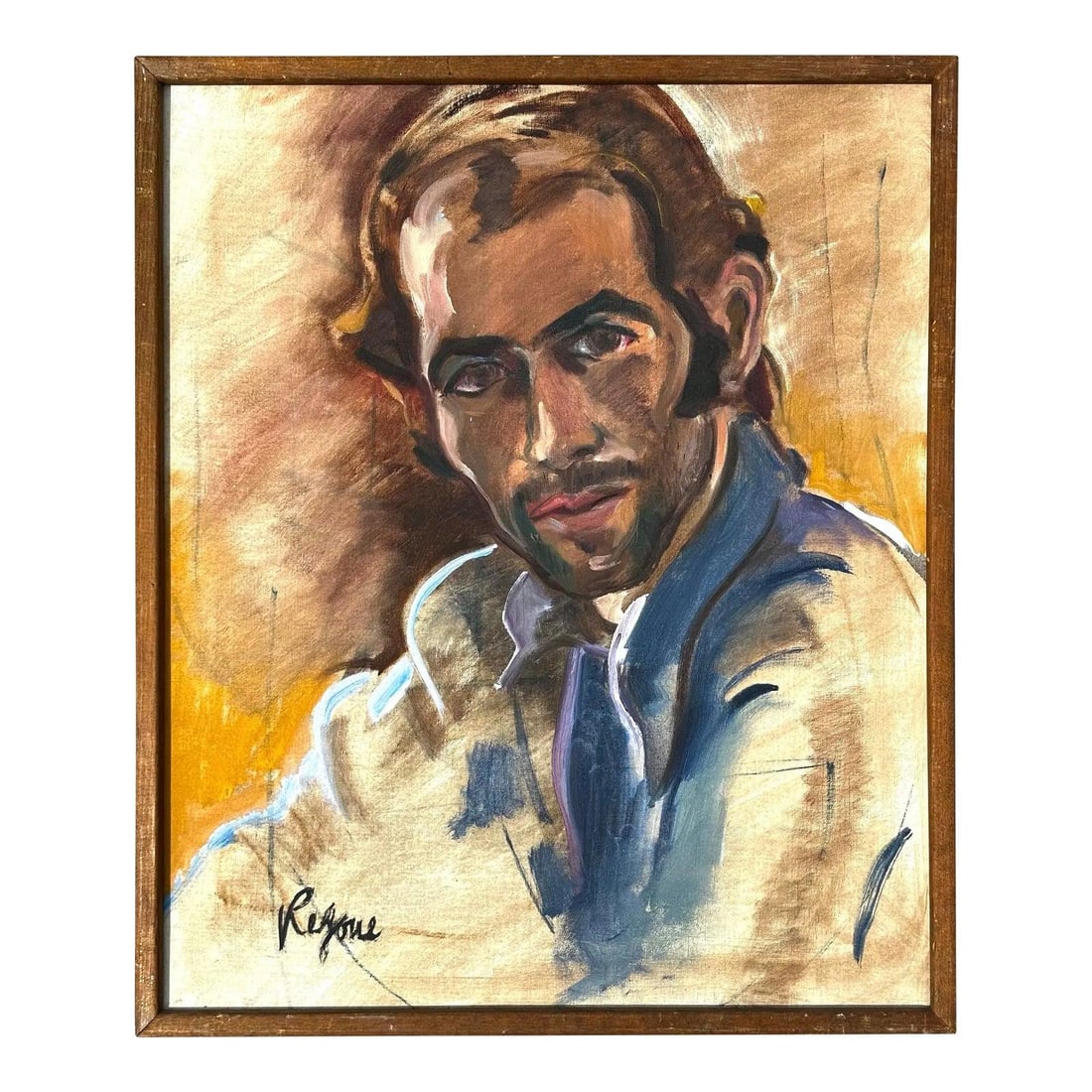 Framed Regone Pierokkis Oil Portrait Canvas Mid Century Boho Art: Framed Regone Pierokkis Oil Portrait Canvas Mid Century Boho Art This mid-20th century vintage portrait is an original oil on canvas by Regone Pierokkis, featuring a compelling gaze rendered with expr